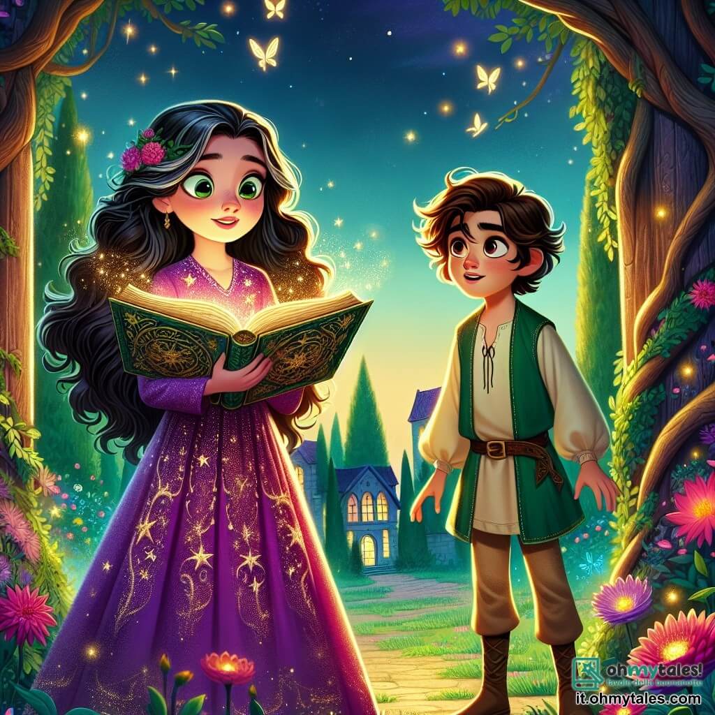 Una giovane apprendista strega, Miriam, di circa 12 anni, si trova al centro di un giardino incantato, con gli occhi brillanti di curiosità ed eccitazione. Ha lunghi capelli ondulati di un nero profondo e indossa un vestito viola decorato con stelle scintillanti. Nelle sue mani tiene un antico libro di magia aperto, le cui pagine sono illuminate da una dolce luce dorata. Accanto a lei, Elio, un ragazzo di 12 anni con capelli castani e occhi vivaci, osserva attentamente il libro. Indossa una tunica verde e pantaloni beige, e il suo volto esprime meraviglia ed entusiasmo. Si tiene leggermente in disparte, pronto a sostenere la sua amica in questa avventura magica. Il giardino è un luogo fiabesco, pieno di fiori colorati dai petali brillanti, grandi alberi dai tronchi nodosi e lucciole che danzano nell'aria crepuscolare, creando un'atmosfera magica. Sullo sfondo, una grande porta di cristallo scintilla, pulsando di energia mistica. Miriam, concentrata e determinata, pronuncia un'incantesimo, mentre una luce splendente emerge dal libro, illuminando il giardino e rivelando un portale misterioso. L'atmosfera è carica di eccitazione e magia, pronta a trascinarli in una nuova avventura.