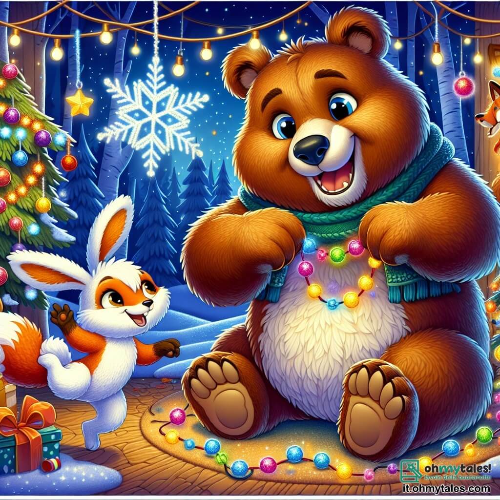 Un grande orso bruno, dal pelo morbido e setoso, sorride felice con gli occhi scintillanti di eccitazione mentre decora la sua tana per la festa di Capodanno. Tiene tra le zampe una ghirlanda colorata, circondato da decorazioni luccicanti. Accanto a lui, una piccola coniglietta bianca dalle grandi orecchie, piena di energia, salta di gioia tenendo una stella brillante tra le zampe, impaziente di vedere il risultato delle decorazioni. Un po' più in là, una volpe astuta, con il pelo arancione vivo e occhi maliziosi, osserva la scena divertita, pronta ad aiutare con i preparativi. Tiene un pacchetto di caramelle nella coda, aggiungendo un tocco di dolcezza all'atmosfera festiva. La scena si svolge in una foresta incantata, con alberi ricoperti di neve scintillante e un cielo blu profondo punteggiato di stelle. La tana dell'orso è caldamente illuminata, con luci colorate che danzano sulle pareti. Gli amici si affaccendano gioiosamente per preparare la festa, riempiendo la tana di risate e colori, mentre lo spirito di Capodanno aleggia nell'aria, promettendo momenti magici a venire.