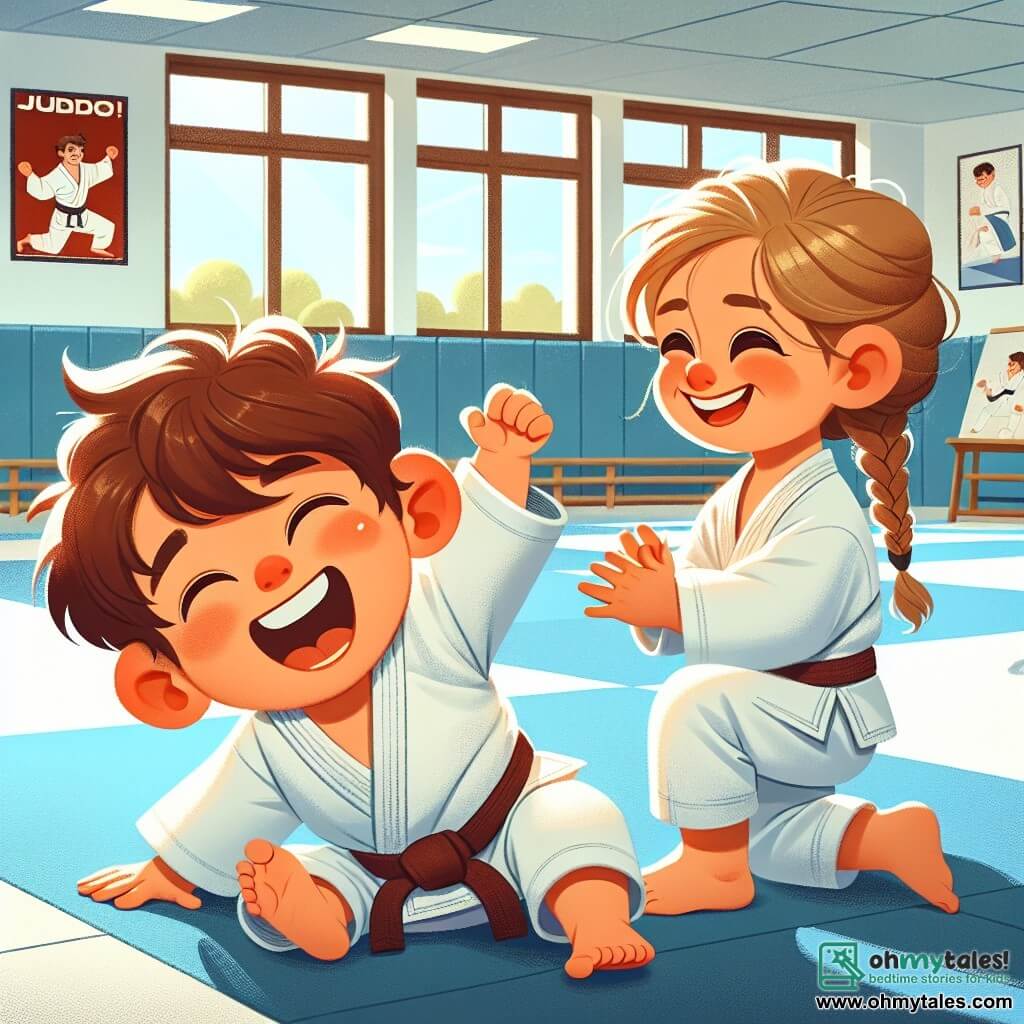 A 2-year-old boy named Max, with messy brown hair and sparkling curious eyes, is joyfully laughing on a judo mat. He is wearing a slightly oversized white judogi, making him even more adorable. Next to him is his best friend Lily, a 3-year-old girl with braided blonde hair and a bright smile, enthusiastically encouraging him. She is also wearing a white judogi and stands ready to help him with open arms. The setting is a bright gym with light blue walls and judo mats on the floor. Posters of judo champions decorate the walls, and a large window lets in sunlight, creating a warm and welcoming atmosphere. The scene shows Max and Lily training together, with Max attempting a judo move while gently falling on the mat, a big smile on his face, as Lily applauds and encourages him to get up.