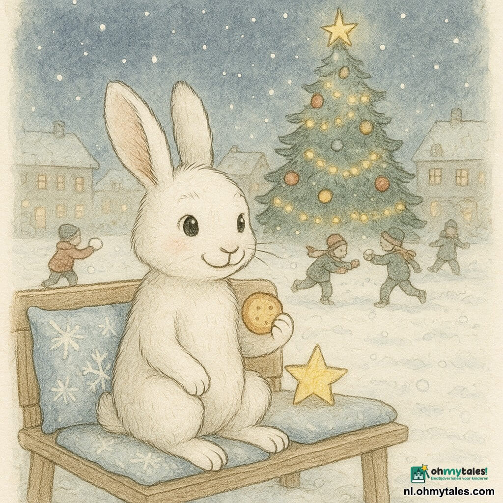 Een klein konijntje met een witte, zachte vacht en nieuwsgierige, glanzende ogen zit op een houten bank bedekt met kussens met sneeuwvlokmotieven. Het glimlacht liefjes en houdt een koekje in zijn poot. Naast hem schittert een klein papieren sterretje zachtjes. Op de achtergrond een groot besneeuwd dorpsplein, verlicht door lichtslingers die aan een grote kerstboom met kleurrijke ballen hangen. Kinderen spelen rond de boom en gooien lachend sneeuwballen. De hemel is bezaaid met heldere sterren en de sneeuw valt zachtjes, wat een sprookjesachtige en vredige sfeer creëert.