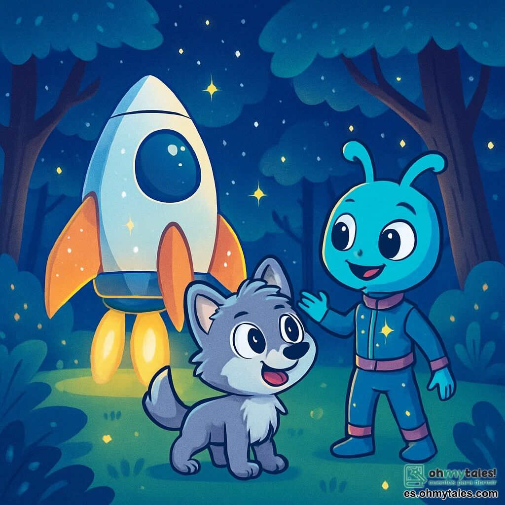 Un pequeño lobo de pelaje plateado, con grandes ojos brillantes de curiosidad, se encuentra en el centro de un claro en plena noche, maravillado por una magnífica nave espacial brillante que acaba de aterrizar. Muestra una expresión de emoción y asombro, con las orejas erguidas y la cola moviéndose. A su lado, Zira, una criatura extraterrestre de piel azul brillante y ojos redondos y chispeantes, sonríe cálidamente. Lleva un traje futurista adornado con patrones estrellados y parece alegre, lista para recibir a Lupo en su mundo. El lugar es un claro mágico del Bosque Estelar, donde los árboles brillan bajo la luz de las estrellas, creando una atmósfera de ensueño con luciérnagas danzando a su alrededor. La situación principal muestra a Lupo, el pequeño lobo, observando maravillado la nave espacial, mientras Zira lo invita a abordar para una aventura intergaláctica.