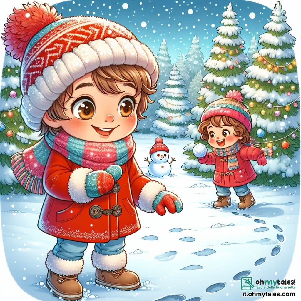 Un ragazzo di 9 anni, Tommaso, con capelli castano chiaro e occhi nocciola pieni di eccitazione, si trova in mezzo a una foresta innevata. Indossa un cappotto rosso vivo, un berretto di lana e guanti spessi, sorridendo meravigliato mentre guarda un piccolo pupazzo di neve che ha appena costruito. Vicino a lui, sua sorella Sofia, di 6 anni, con capelli ricci e guance rosa, si diverte a lanciare palle di neve, ridendo gioiosamente. Indossa un cappotto rosa e una sciarpa colorata, aggiungendo un tocco di allegria alla scena. Il luogo è una foresta magica, con alberi coperti da uno spesso strato di neve scintillante e fiocchi che cadono dolcemente da un cielo azzurro chiaro. Le impronte nella neve conducono a un grande abete decorato con luci e palline colorate, creando un'atmosfera fiabesca. Tommaso e Sofia giocano insieme nella neve, circondati dalla bellezza invernale, condividendo risate e momenti di felicità, illustrando la magia e la gioia dell'inverno.