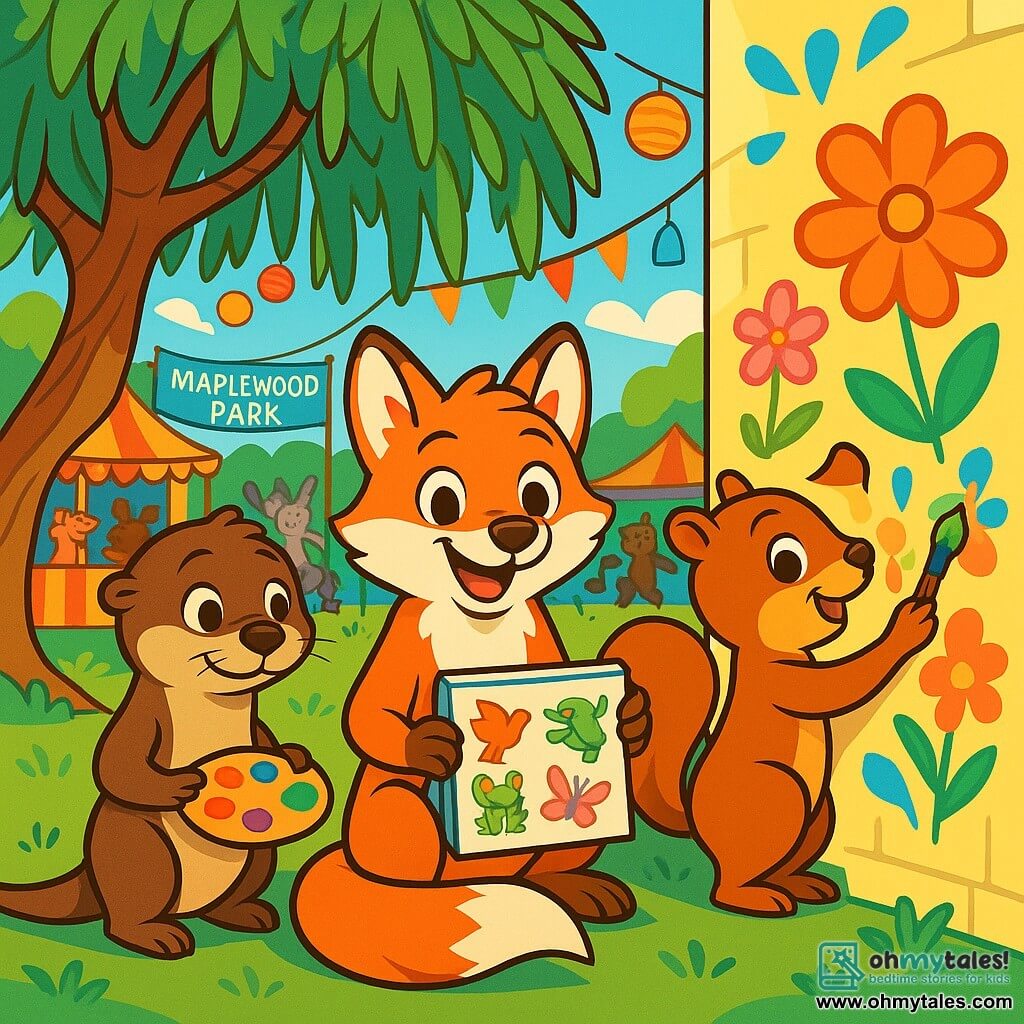 In the center of the image, a young red fox named Felix, with a bright coat and sparkling curious eyes, is sitting under a large weeping willow. He is joyfully smiling, holding an open sketchbook displaying colorful drawings of various animals. To his right, a small squirrel named Priya, with brown fur and bright eyes, is painting a floral pattern on the festival wall, her face radiating enthusiasm. To his left, a young otter named Leo, with soft fur and a shy expression, admires Felix while holding a palette of colors in his paws. The setting is a vibrant festival in Maplewood Park, with stalls decorated with colorful garlands, floating lanterns, and animals of all kinds laughing and dancing around them. The scene captures the moment when Felix and his friends work together on a mural, celebrating diversity and friendship, illustrating the spirit of unity and creativity within their community.