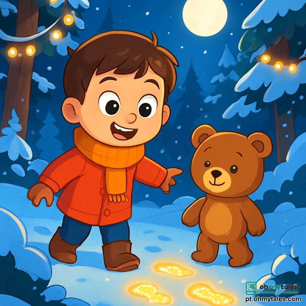 Um garoto de 6 anos, Lucas, com cabelos castanhos e olhos brilhantes de curiosidade, usa um casaco vermelho vivo e um cachecol de lã. Ele está maravilhado, sorrindo amplamente, enquanto segue pegadas brilhantes na neve. Ao seu lado, seu ursinho de pelúcia Tico, um urso marrom com olhos redondos e suaves, parece acompanhá-lo nesta aventura mágica. A cena acontece em uma floresta encantada, onde as árvores estão cobertas de neve cintilante e luzes decoram os galhos. A luz da lua ilumina a paisagem, criando uma atmosfera de conto de fadas. Lucas descobre pegadas luminosas na neve, se perguntando se seu desejo de Natal de compartilhar a alegria com todos os animais da floresta está se realizando.