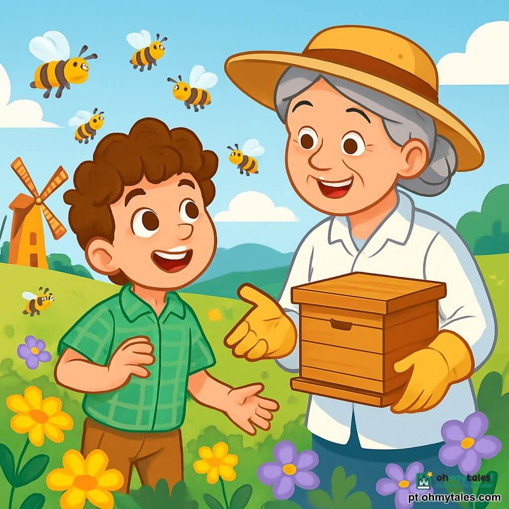 Um jovem, Lucas, de cerca de 10 anos, com cabelos castanhos e cacheados, usa uma camisa xadrez verde e uma calça de lona. Ele tem um sorriso encantado e olhos brilhantes de curiosidade enquanto observa abelhas polinizando flores coloridas em um campo ensolarado. Dona Rita, uma mulher de cinquenta anos, com cabelos grisalhos presos em um coque e um chapéu de palha, está ao seu lado, sorridente, segurando uma colmeia de madeira. Ela veste um jaleco branco e luvas, e ensina Lucas a colher o mel. O local é um vasto campo verdejante, salpicado de flores amarelas e roxas, sob um céu azul claro com algumas nuvens brancas. A cena principal mostra Lucas e Dona Rita descobrindo juntos o mundo das abelhas, cercados pela beleza da natureza, com abelhas voando alegremente ao seu redor, criando uma atmosfera de magia e aprendizado.