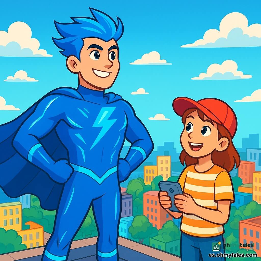 Un superhéroe, Relámpago Azul, se encuentra en la cima de un gran edificio. Tiene el cabello azul brillante que ondea al viento y ojos llenos de determinación. Su traje es azul vivo con rayas luminosas que brillan, y sonríe con orgullo, listo para ayudar a los demás. A su lado, una niña llamada Lía, de unos 10 años, lleva una gorra roja y una camiseta a rayas. Ella mira a Relámpago Azul con admiración, sosteniendo un dispositivo de comunicación en sus manos. Al fondo, la ciudad de Luzalta se extiende con edificios coloridos, árboles verdes y un cielo azul salpicado de nubes blancas. La escena principal muestra a Relámpago Azul respondiendo a una llamada urgente, listo para descender rápidamente y resolver un problema en la ciudad, mientras Lía lo anima con entusiasmo.