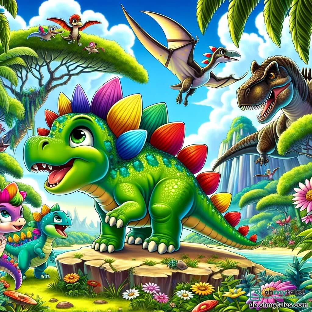 Spike, der Stegosaurus, ist ein junger Dinosaurier mit leuchtend grüner Haut und einem großen Kamm aus bunten Platten auf seinem Rücken. Er steht entschlossen auf einem Felsen, bereit, sein Territorium zu verteidigen. An seiner Seite fliegt Daisy, seine Schwester, ein kleiner rosa Stegosaurus mit funkelnden Augen, in der Luft mit Pterodaktylen und ermutigt sie, ihm zu helfen, während Rocky, sein Bruder, ein leuchtend blauer Stegosaurus, um ihn herumläuft und bereit ist, Fallen aufzustellen. Die Szene spielt sich auf einer geheimnisvollen Insel mit üppiger Vegetation, großen Bäumen mit glänzenden Blättern und bunten Blumen ab, unter einem blauen Himmel mit fluffigen weißen Wolken. In der Ferne nähert sich ein riesiger Tyrannosaurus Rex mit braunen Schuppen und scharfen Zähnen und schafft eine Atmosphäre von Spannung und Aufregung. Spike und seine Freunde vereinen sich, um einen mutigen Plan zu schmieden, um ihr Zuhause vor den herannahenden Gefahren zu schützen.