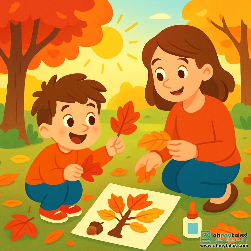 A 4-year-old boy, Max, with messy brown hair and sparkling curious eyes, is crouched in a garden filled with autumn leaves. He is joyfully smiling, holding a large red leaf in his small hands. Next to him, his mom, a woman in her thirties with brown hair and a warm smile, watches him encouragingly while picking up an orange leaf. The garden is an enchanting place, with trees displaying vibrant leaves, sunlight filtering through the branches, and a gentle breeze making the leaves dance on the ground. Max and his mom are creating autumn art together, surrounded by natural treasures: colorful leaves, branches, and a shiny acorn, ready to be glued onto a piece of paper to form an autumn tree.