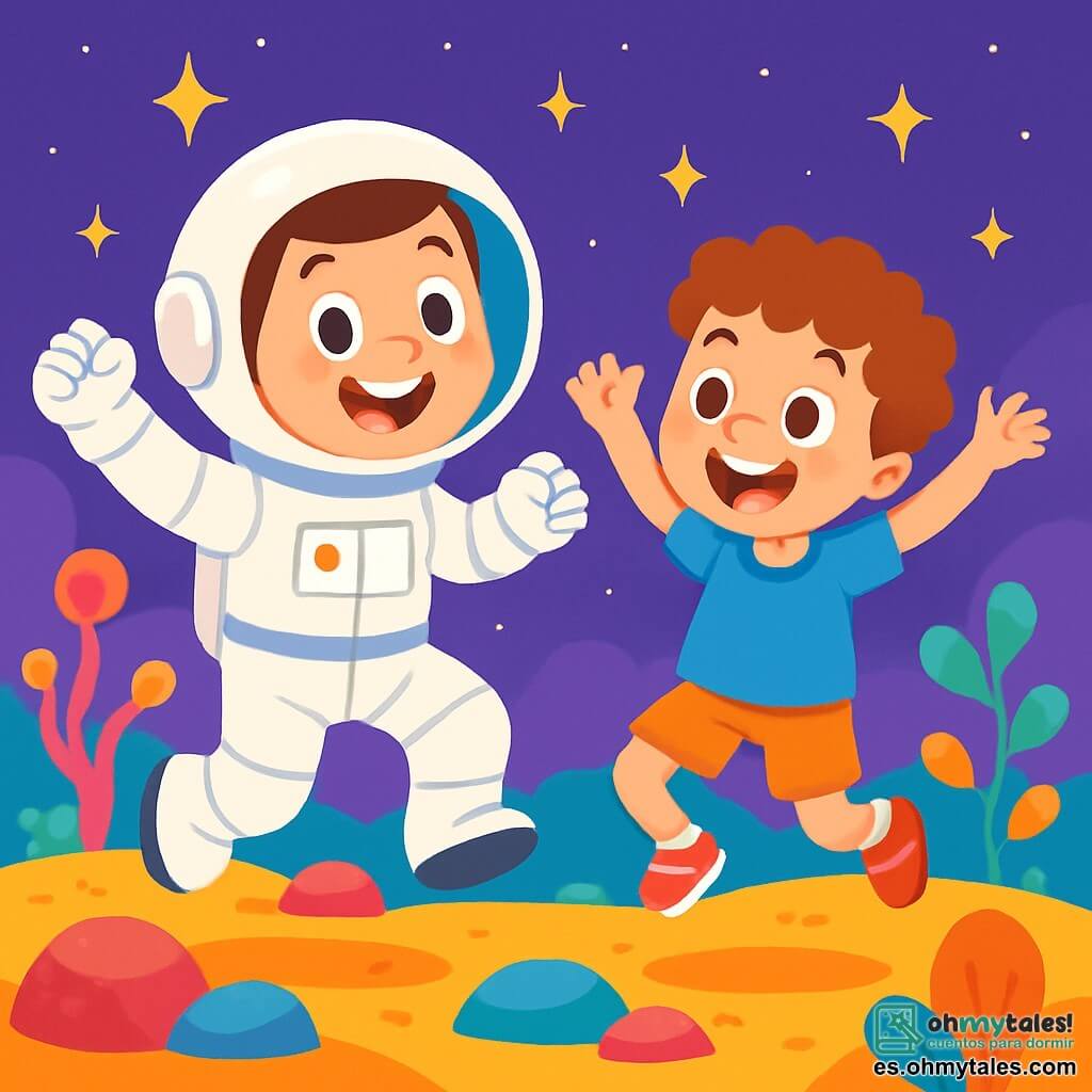 Un astronauta llamado Tomás, con una gran sonrisa y ojos brillantes de emoción, lleva un traje espacial blanco brillante y un casco transparente. Está saltando alegremente sobre un suelo suave y colorido. A su lado, un niño llamado Leo, de unos 7 años, con cabello rizado y ojos curiosos, lleva una camiseta azul y un pantalón corto. Se ríe y también salta, con los brazos levantados, lleno de alegría. El escenario es un planeta fantástico, con un cielo violeta lleno de estrellas brillantes y rocas de colores vivos, como caramelos. Crecen plantas extrañas de formas divertidas y colores llamativos a su alrededor. La situación principal muestra a Tomás y Leo saltando juntos, llenos de felicidad y curiosidad, descubriendo las maravillas de este nuevo planeta.