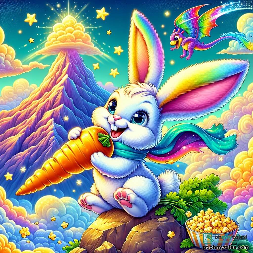 No topo de uma montanha colorida, um coelho alegre chamado Lapinácio, com grandes orelhas de cores vivas e pelagem suave e sedosa, segura uma grande cenoura dourada que brilha sob o sol. Seu rosto expressa imensa alegria e orgulho radiante, enquanto ele salta de felicidade, cercado por pequenas estrelas cintilantes. Ao seu lado, um pequeno dragão com asas de arco-íris, chamado Dragão Pipoca, sorri com olhos brilhantes de travessura, lançando estalos de pipoca colorida no ar. Ele está empoleirado em uma pedra, pronto para celebrar essa grande descoberta. Ao fundo, a Montanha dos Sonhos se ergue majestosa, coberta por uma névoa colorida que muda de tom, com nuvens de algodão doce flutuando ao redor, criando uma atmosfera mágica e encantadora. A cena principal mostra Lapinácio, o coração acelerado de excitação, brandindo a Grande Cenoura Dourada, símbolo de sua aventura, enquanto o vento faz suas orelhas dançarem e o dragão ri alto, acrescentando um toque de humor a esse momento fantástico.