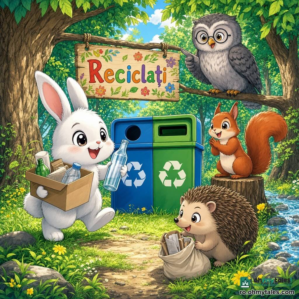 Un iepuraș alb și pufos (personaj principal), cu urechi lungi și ochi sclipitori, zâmbind larg, ține o sticlă de sticlă și o cutie de carton și merge spre coșul de reciclare; o veveriță roșcată tânără, cu ochi vioi, aplaudă de pe o ciot; un arici mic și maro, cu o expresie concentrată și veselă, stă ghemuit lângă potecă ținând un sac de pânză cu hârtii; o bufniță profesoară cu pene gri și ochelari rotunzi stă pe o ramură joasă indicând un panou colorat „Reciclează”; poiana luminoasă cu iarbă verde și flori galbene, un pârâu mic la dreapta și copaci formând un arc deasupra, are în centru un coș de reciclare albastru și verde; situație principală: prietenii din pădure colectează și depozitează deșeuri selectate în coș, atmosferă optimistă, compoziție concentrată pe iepuraș.