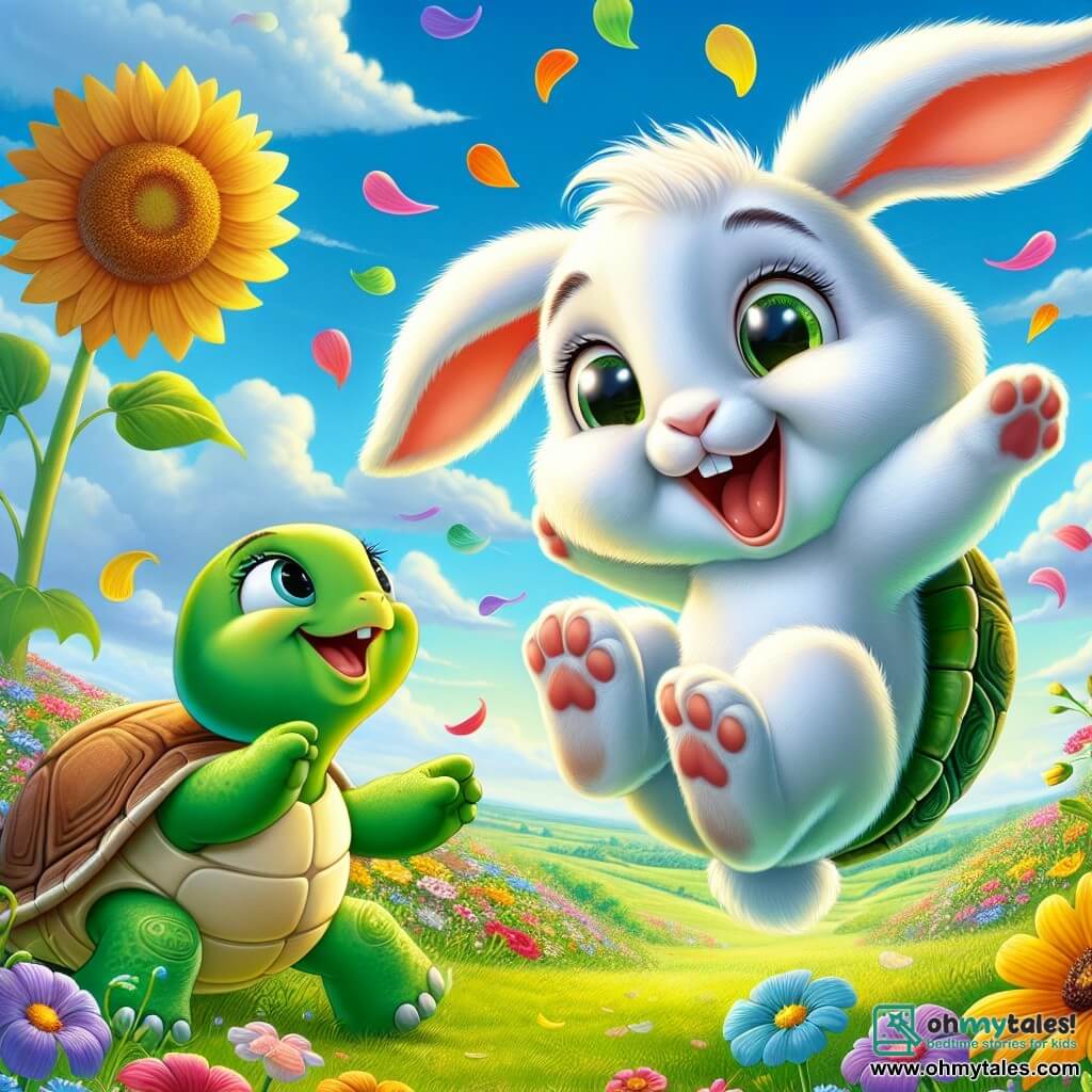 Benny the Rabbit, an adorable little character with white fur and big floppy ears, is joyfully jumping in a green field, his face beaming with happiness and excitement. His eyes sparkle with enthusiasm as he leaps into the air, surrounded by colorful flowers. Tilly the Turtle, a friendly character with a green shell and gentle eyes, is right next to Benny, encouraging him with a proud smile. She is raising a paw as if to applaud, her expression showing great pride for her friend. The setting is a vast sunny field dotted with bright wildflowers, with a large golden sunflower swaying gently in the breeze in the background. The sky is a bright blue, scattered with a few fluffy white clouds. The main scene shows Benny performing a spectacular jump, a bit too quick, causing him to spin in the air with a bewildered smile, while flower petals swirl around him, creating a joyful and energetic atmosphere.