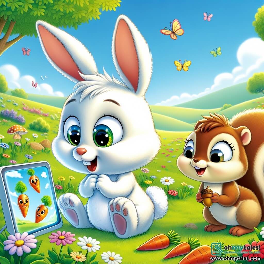 Benny the Rabbit, a small rabbit with bright white fur and sparkling big eyes, is sitting in the green grass, curiously watching a bright screen displaying colorful dancing carrots. He has a look of wonder, with his ears perked up and his little paw raised to touch the screen. Daisy the Squirrel, with her brown fur and fluffy tail, stands next to him, her eyes wide with fascination, holding an acorn in her paws. She smiles enthusiastically and seems ready to jump for joy. The setting is a lush field under a clear blue sky, dotted with colorful flowers and fluttering butterflies, creating a cheerful and sunny atmosphere. In the distance, gentle hills and a majestic tree provide shade. The main scene shows Benny and Daisy captivated by the screen, forgetting the world around them, while other animal friends like Tommy the Turtle and Lily the Sheep curiously approach, intrigued by what they see.