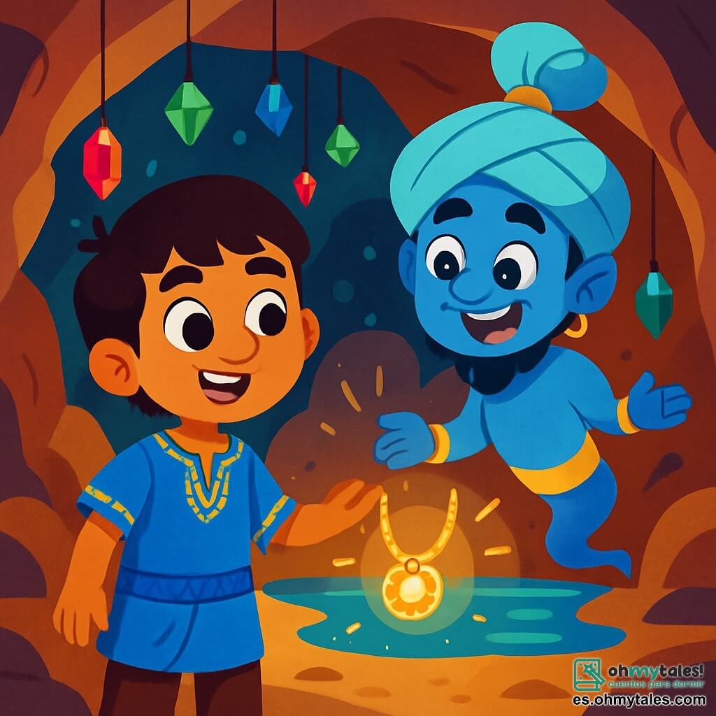 Samir, un joven de ojos brillantes y piel dorada, se encuentra en el centro de la cueva mágica. Lleva una túnica azul adornada con motivos dorados, y su rostro expresa asombro y curiosidad. A su lado, Zafir, un genio travieso con piel azul y un turbante flotante, sonríe alegremente, con ojos que brillan como estrellas. La cueva está iluminada por piedras preciosas que cuelgan del techo, creando una atmósfera mágica. Rubíes rojos, esmeraldas verdes y zafiros azules bailan bajo la luz de la luna, mientras un pequeño lago plateado refleja los colores vibrantes. Samir, maravillado, extiende la mano hacia un collar dorado que brilla intensamente, mientras Zafir lo anima con un gesto juguetón. La escena irradia una magia palpable, llena de colores vivos y una atmósfera de aventura encantada.