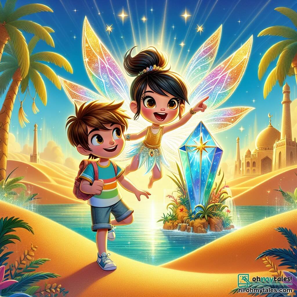 Een fee genaamd Lila, klein en delicaat, met glinsterende vleugels in regenboogkleuren, zweeft vrolijk boven een oase. Haar gezicht straalt van opwinding en vastberadenheid terwijl ze met haar vinger wijst naar een prachtig kristallen artefact dat schittert als de sterren. Naast haar staat een jongen genaamd Finn, ongeveer 10 jaar oud, met rommelig bruin haar en nieuwsgierige ogen, die het artefact stevig in zijn handen houdt. Hij draagt een kleurrijk t-shirt en een korte broek, en kijkt Lila met een verwonderde glimlach aan. De achtergrond is een magische oase, omringd door gouden zandduinen onder een stralende blauwe lucht. Grote palmbomen met weelderig groene bladeren wiegen zachtjes in de wind, en het water van de oase is kristalhelder, dat het zonlicht weerkaatst. De hoofdactie toont Finn en Lila, verenigd in hun zoektocht, die de kracht van het magische artefact ontdekken dat hun oase zal redden, terwijl gouden lichtstralen uit de bol komen en hun gezichten verlichten met een betoverende gloed.