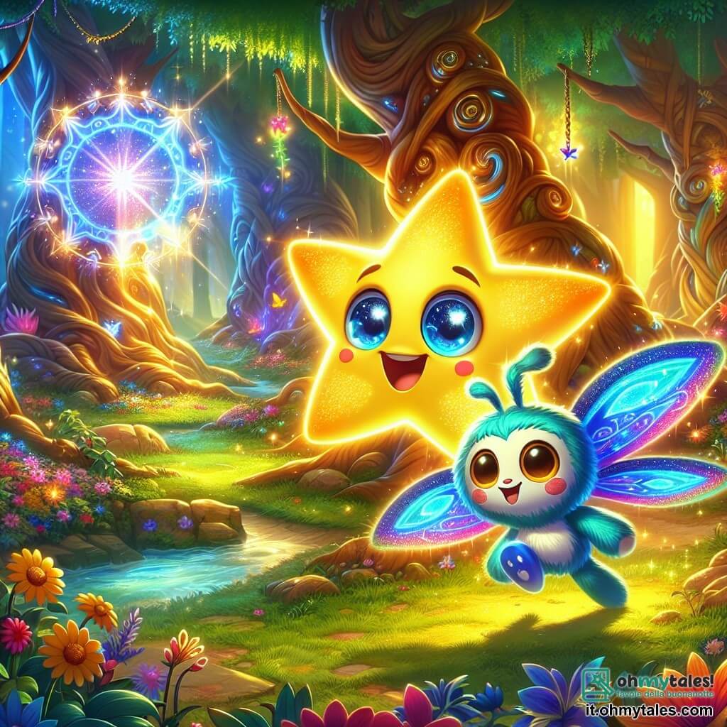 Un piccolo personaggio luminoso a forma di stella, con un volto sorridente e un cuore brillante, fluttua felicemente in una foresta magica. I suoi occhi brillano di eccitazione mentre esplora l'ambiente incantevole. Accanto a lui, una creatura colorata simile a una farfalla, con ali blu elettrico e un corpo peloso, volteggia nell'aria, mostrando curiosità ed entusiasmo. Danza intorno al personaggio principale, pronta a accompagnarlo nell'avventura. Il paesaggio è una foresta lussureggiante, con alberi maestosi dai tronchi contorti e foglie scintillanti illuminate da un sole dorato. Fiori vivaci di tutti i colori coprono il suolo e raggi di luce filtrano tra il fogliame, creando un'atmosfera da favola. La scena principale mostra il personaggio e il suo amico mentre scoprono un misterioso portale scintillante, circondato da rune magiche, che sembra invitarli a entrare in un nuovo mondo di avventure.