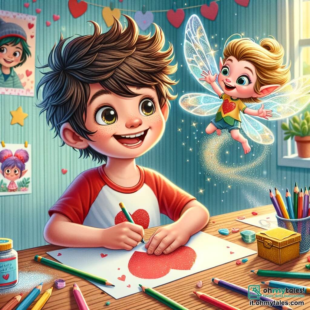 Un ragazzo di 8 anni, di nome Luca, è al centro dell'immagine, con capelli castani disordinati e grandi occhi scintillanti di gioia. Indossa una maglietta rossa con un cuore disegnato sopra e pantaloni corti blu. Luca sta disegnando con entusiasmo delle cartoline di San Valentino su un tavolo di legno, circondato da pastelli e glitter scintillanti. Accanto a lui c'è Gigi, un piccolo elfo dei sogni, con ali trasparenti e capelli dorati che brillano come stelle. Gigi sorride ampiamente, fluttuando leggermente sopra il tavolo, tenendo una piccola scatola dorata tra le mani. Lo sfondo è una cameretta accogliente, con pareti dipinte di azzurro chiaro, poster di cartoni animati appesi e una finestra aperta che lascia entrare un dolce raggio di sole. Cuori di carta decorano la stanza, creando un'atmosfera festiva. La scena principale mostra Luca e Gigi intenti a creare, circondati da colori vivaci e magia, pronti a rendere questa festa di San Valentino un momento indimenticabile per i loro amici.
