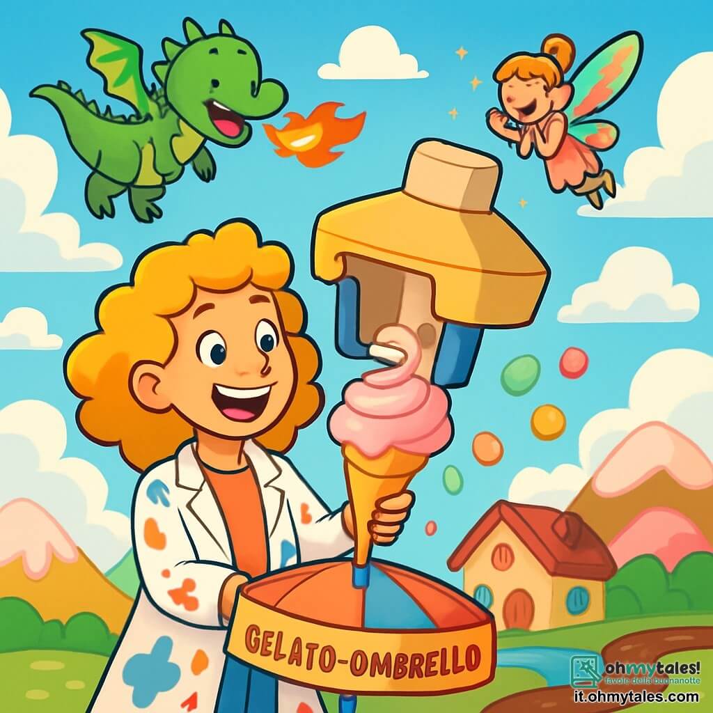 Lila, una giovane donna dai capelli ricci e dorati, è piena di entusiasmo e gioia. Indossa un camice colorato, macchiato di vernice e gelato, e tiene un ombrello gigante che si apre per rivelare una macchina per gelato. Il suo viso brilla di eccitazione mentre osserva il gelato cremoso che esce dall'ombrello. Accanto a lei, Puff, un piccolo drago dalle scaglie verdi scintillanti, vola felicemente, sputando piccole fiamme per aiutare Lila. Scintilla, una piccola fata dalle ali brillanti e multicolori, fluttua vicino a Lila, illuminando la scena con una luce dorata e applaudendo l'invenzione della sua amica. La scena si svolge nel villaggio di Fantasia, un luogo incantevole dove le colline sono fatte di zucchero filato e i fiumi scorrono con cioccolato. Nuvole di panna montata fluttuano nel cielo blu, aggiungendo un tocco di magia all'ambiente. Lila, con il suo Gelato-Ombrello, sta facendo una dimostrazione per gli abitanti del villaggio, che osservano meravigliati mentre un vento leggero solleva l'ombrello, creando una pioggia di gelato colorato che cade attorno a loro, riempiendo l'aria di risate e gioia.