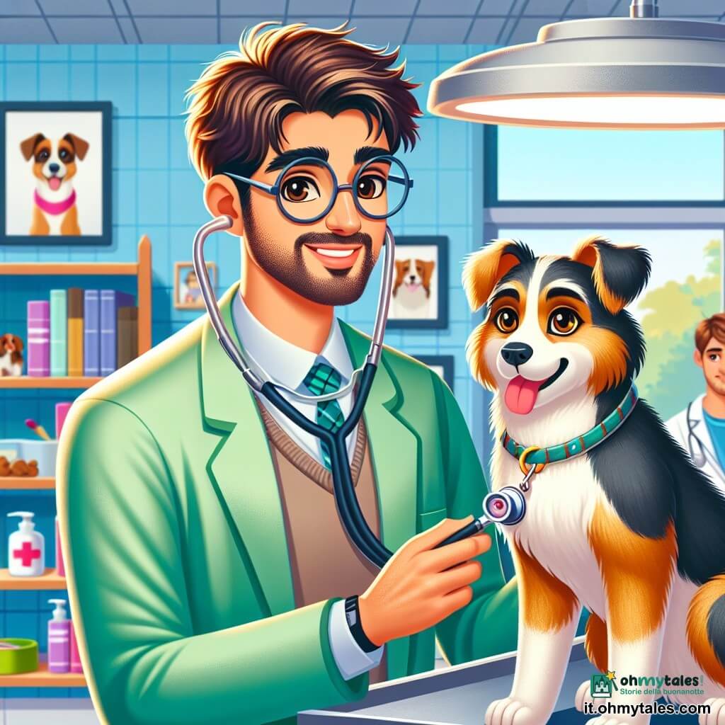 Un veterinario uomo, di circa trent'anni, con capelli castani disordinati e occhiali rotondi, sorride calorosamente mentre esamina un cane. Indossa un camice verde e il suo viso esprime concentrazione e benevolenza. Accanto a lui, un educatore cinofilo uomo, di circa 25 anni, con capelli biondi corti e una maglietta blu, osserva attentamente, tenendo al guinzaglio un cane meticcio dagli occhi vivaci e dal manto dorato. La scena si svolge in uno studio veterinario luminoso, pieno di poster di animali sulle pareti, con scaffali carichi di libri e materiale medico. Su un tavolo d'esame, strumenti brillanti sono disposti con cura. Il veterinario esamina il cane con attenzione, utilizzando uno stetoscopio, mentre l'educatore cinofilo, sorridente, incoraggia il suo compagno a quattro zampe con delle leccornie.