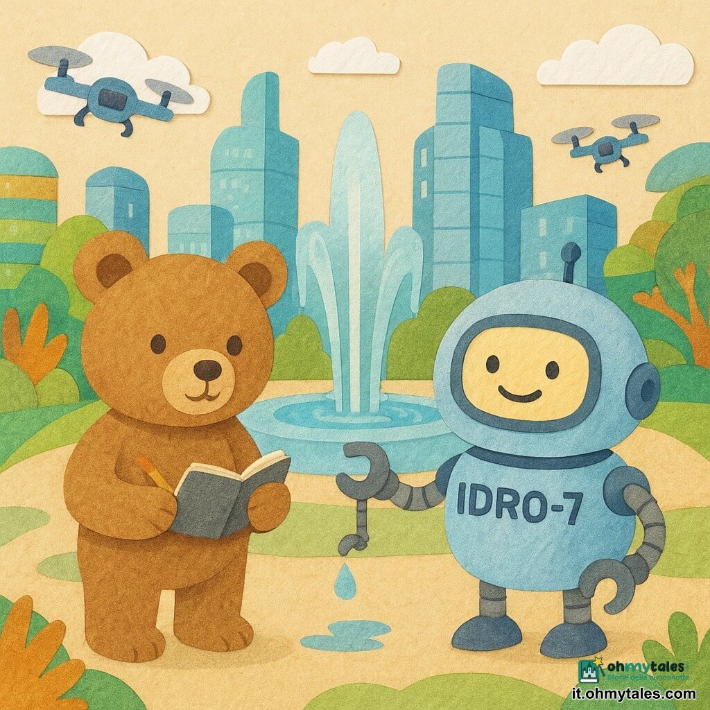 Un orsetto di peluche di nome Gigi, con una pelliccia morbida e marrone chiaro, è in piedi con un'aria curiosa e attenta, tenendo un piccolo taccuino e una pinza per disegni. Accanto a lui, un robot-idraulico rotondo e amichevole, di nome IDRO-7, con braccia metalliche estensibili e uno schermo luminoso che mostra un sorriso, sta riparando un tubo con una piccola perdita d'acqua. Si trovano in una piazza futuristica, circondata da torri di vetro scintillanti e giardini pensili colorati. Al centro, una fontana trasparente illumina la scena con getti d'acqua luminosi. Il cielo è punteggiato di nuvole soffici e bianche, e droni volano dolcemente sopra, aggiungendo un tocco di modernità. La scena emana un'atmosfera di calma e cooperazione, con colori vivaci e gioiosi.