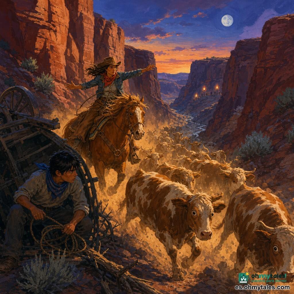 Valeria, mujer joven de rostro decidido, piel bronceada, sombrero de cowgirl marrón, chaqueta vaquera gastada y pañuelo rojo, monta a su yegua Canela y dirige un rebaño de vacas asustadas; Tomás, chico de unos 16 años, delgado, pelo negro revuelto y bandana azul, está agachado junto a una carreta volcada desatando una cuerda y vigilando a Valeria. El rebaño: vacas castañas claras moteadas, polvo dorado levantado por los cascos, saliendo de una garganta estrecha. Lugar: cañón angosto al crepúsculo, paredes rojas estriadas, escasa artemisa, suelo pedregoso y río seco abajo. Ambiente: luz cálida del ocaso y frío lunar, antorchas lejanas, nube de polvo, tensión y acción mientras Valeria guía el ganado fuera de una trampa y Tomás crea una distracción silenciosa.