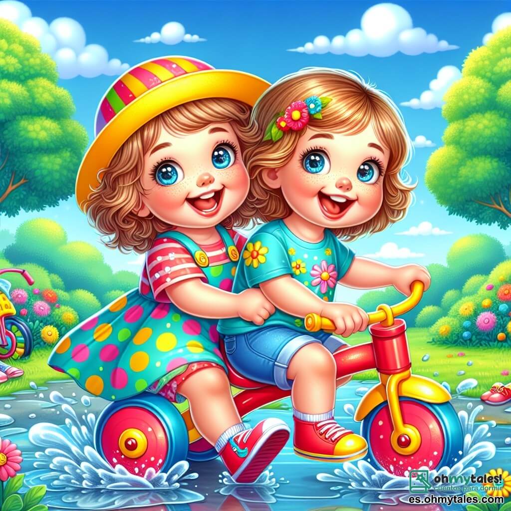 Una niña de 2 años, con grandes ojos brillantes y una sonrisa radiante, está sentada en un triciclo rojo. Lleva un vestido de lunares coloridos y un sombrero amarillo. Se muestra alegre y llena de energía, riendo a carcajadas. A su lado, su hermana gemela, Clara, también de 2 años, está en un triciclo amarillo. Tiene el cabello rizado y lleva una camiseta azul con flores. Ambas se miran con complicidad mientras ríen. El fondo es un parque verde con árboles frondosos y flores coloridas. Un gran cielo azul se extiende sobre ellas, salpicado de nubes blancas. La escena principal muestra a las dos hermanas pedaleando alegremente a través de un gran charco, salpicando agua a su alrededor y creando destellos de agua bajo el sol.