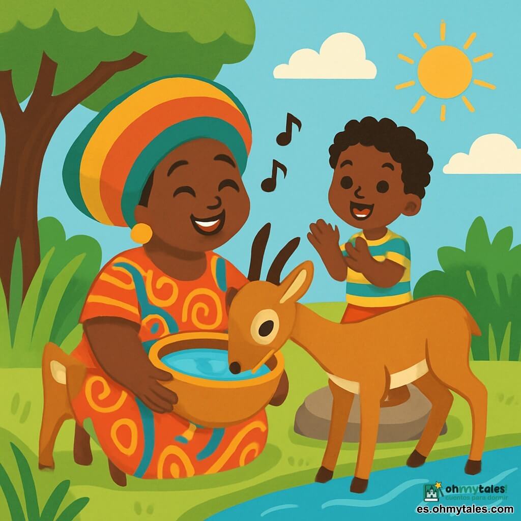 Una mujer, Mama Sese, sonriente y cálida, lleva un gran sombrero colorido y una vestimenta tradicional con patrones vibrantes. Sostiene una calabaza redonda llena de agua fresca, con ojos brillantes de alegría. Junto a ella, una pequeña gacela de ojos dulces y curiosos se acerca a beber, sus patas finas y delicadas rozando el suelo. Un niño de unos 6 años, con cabello rizado y vestido con una camiseta colorida, aplaude con entusiasmo, de pie sobre una piedra lisa cerca de Mama Sese. La escena transcurre junto a un arroyo brillante, rodeado de altas hierbas verdes y un majestuoso árbol que ofrece una sombra acogedora. El cielo es de un azul brillante, salpicado de nubes blancas y esponjosas, y el sol brilla suavemente, creando un ambiente alegre y pacífico. Mama Sese canta una dulce melodía mientras la gacela bebe, y el niño aplaude, todos unidos por la magia de este momento compartido.