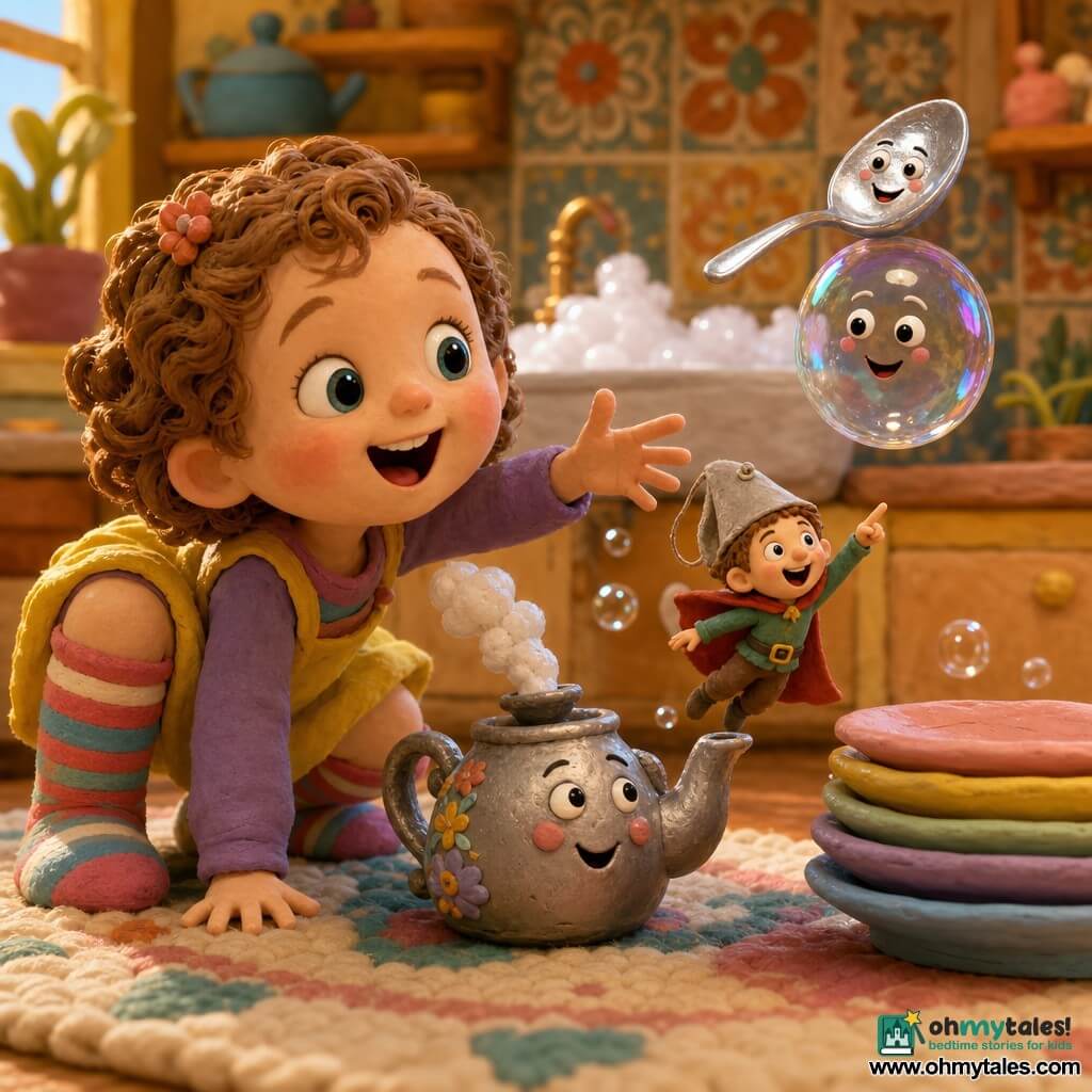 A 2-year-old girl, delighted and wide-eyed, with a round face and short curly light-brown hair and long striped socks, crouches on a soft wool rug and reaches toward a shiny soap bubble wearing a gleaming silver spoon as a hat as it floats above a stack of pastel plates; a tiny magician about an inch tall, with a teabag hat and felt cape, leaps from a small metal teapot and laughs while pointing at the bubble; a round pastel teapot with a painted face steams softly behind the girl on the rug; the warm, colorful kitchen has light wood countertops, retro tile patterns, a sink full of white bubbles and golden light, with playful motion, vivid colors and sculpted clay-like textures.