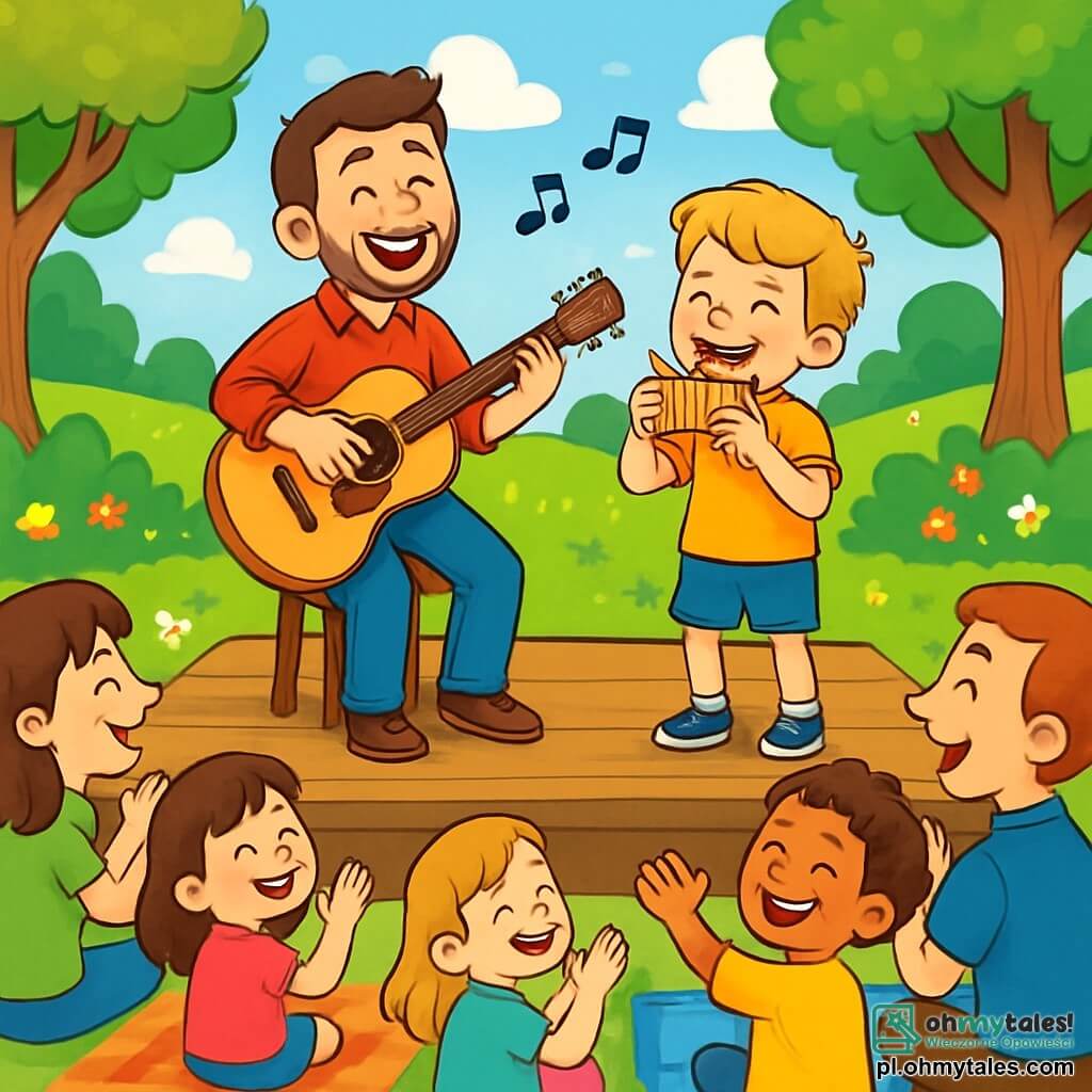Uśmiechnięty mężczyzna z brązowymi włosami i lekką brodą gra na gitarze na drewnianej scenie w słonecznym parku. Ma na sobie czerwoną koszulę w kratę i luźne dżinsy, a jego twarz promienieje radością i pasją do muzyki. Obok niego stoi 8-letni chłopiec z blond włosami i błyszczącymi oczami, który gra na małej flecie, z szerokim uśmiechem na twarzy, pochłonięty melodią, którą tworzą razem. Otacza ich entuzjastyczna publiczność, składająca się z rodzin i dzieci, siedzących na kolorowych kocach, klaskających i śpiewających. Park jest zielony, z majestatycznymi drzewami, jaskrawymi kwiatami i niebieskim niebem usianym puszystymi białymi chmurami. Scena ukazuje radosną energię koncertu na świeżym powietrzu, gdzie muzyka jednoczy serca i sprawia, że oczy widzów błyszczą.