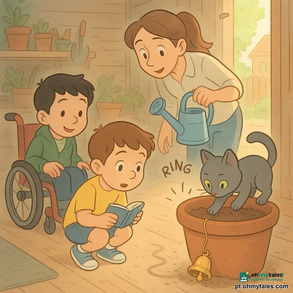 Quatro personagens: Tomás, menino de 6 anos, cabelo castanho curto, camiseta amarela e calção azul, agachado diante de um grande vaso de barro segurando um caderninho aberto; Bento, menino de 6 anos, cabelo preto, em cadeira de rodas vermelha com jaqueta verde, à esquerda de Tomás, apontando para uma marca de pó no chão e sorrindo; Inês, jovem adulta de cabelo castanho preso em rabo de cavalo, bata clara e regador azul na mão, atrás à direita, inclinada para ouvir um pequeno sino; Bolinha, gato cinza de pelo curto e olhos verdes, empoleirado junto ao vaso com o focinho junto a um pequeno sino dourado meio enterrado. Local: pequeno pavilhão de bairro em madeira clara com porta aberta, chão de tábuas empoeiradas, tapete gasto e plantas em vasos ao fundo, luz suave da manhã criando sombras quentes. Situação: as crianças descobrem um sino dourado parcialmente enterrado num vaso de barro molhado, trilhas de metal riscam o pó até a porta e um fio dourado pendurado está partido, atmosfera calma e alegre em tons pastéis.