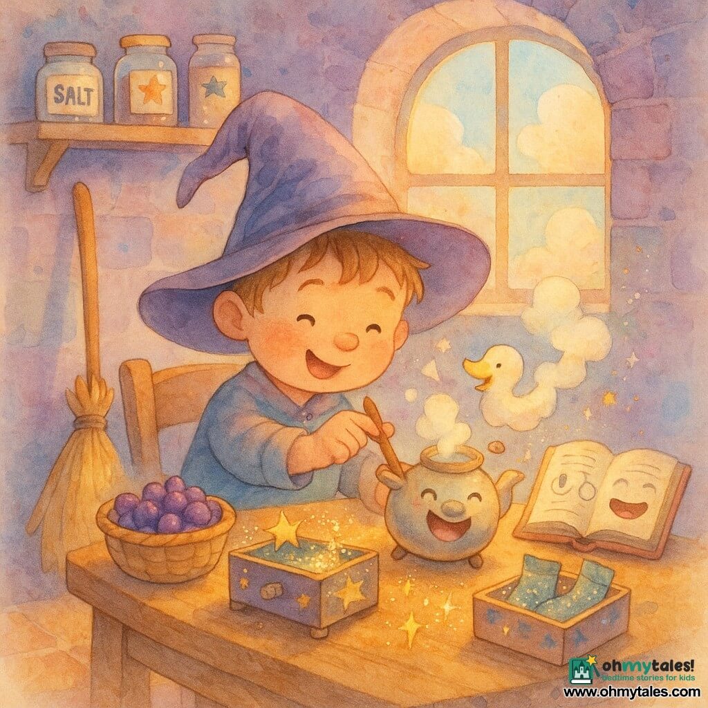 Pip, a 3-year-old apprentice wizard, is concentrated and joyful with a round face and an oversized tilted hat, small hands stirring a smiling, anthropomorphic kettle with a wooden spoon; the kettle has round eyes, bubbles and emits a small duck-shaped cloud while sitting on the table in front of Pip. A shy broom leans against a chair to Pip’s left, watching; a recipe book with glasses and a smiling mouth lies open to his right as if narrating. On the table: a basket of bouncing purple berries, a slightly open starry drawer dusted with sparkling sugar, and a box of glittering socks. The tiny kitchen sits in a smooth purple stone tower with a round window showing fluffy clouds, wooden shelves of labeled jars and star stickers, and warm tiled floors. Main moment: a playful, enchanting scene as Pip stirs calming tea, the spoon slips, the kettle laughs and the duck-cloud appears, cozy pastel watercolor look with controlled glitter splashes around the starry drawer.