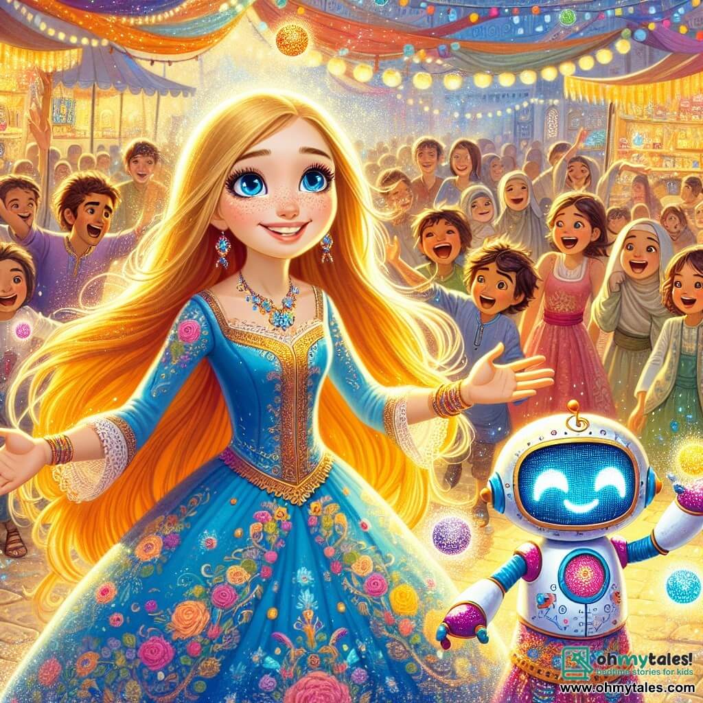 Sleeping Beauty, a young girl with long golden hair and sparkling eyes, stands at the center of the image, a radiant smile illuminating her face. She wears a vibrant blue dress adorned with floral patterns and seems full of energy, ready for a new adventure. Next to her is Max, a friendly robot in bright colors, with glowing eyes and a warm smile. He is juggling shimmering balls, adding a touch of magic to the scene. In the background, a lively market stretches out, filled with colorful stalls selling shimmering fabrics, sparkling jewelry, and delicious treats. Children laugh and play around them, creating a joyful and vibrant atmosphere. The main scene shows Sleeping Beauty and Max surrounded by a group of amazed children, sharing laughter and moments of happiness, while a gentle shower of colorful glitter falls around them, symbolizing the magic of friendship and kindness.