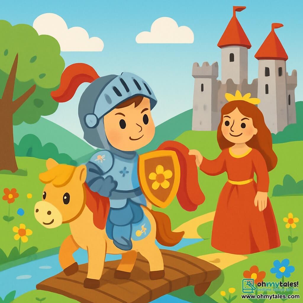 A young knight, Sir Pip, smiling and brave, wears shiny armor adorned with floral patterns. He is riding his small pony, Star, who has a golden mane and sparkling eyes. Sir Pip holds a decorated wooden shield and looks determinedly at a large castle atop a hill. Beside him, a young woman, the queen, around 30 years old, is dressed in a bright red gown and smiles kindly. She stands near the castle entrance, holding a beautiful red fabric that she entrusted to Sir Pip. The landscape is a lush valley dotted with colorful flowers, under a clear blue sky with a few fluffy white clouds. In the distance, majestic trees line a sparkling stream. The main scene shows Sir Pip, with a determined look, ready to cross a slightly unstable wooden bridge, while the queen encourages him with a warm smile.