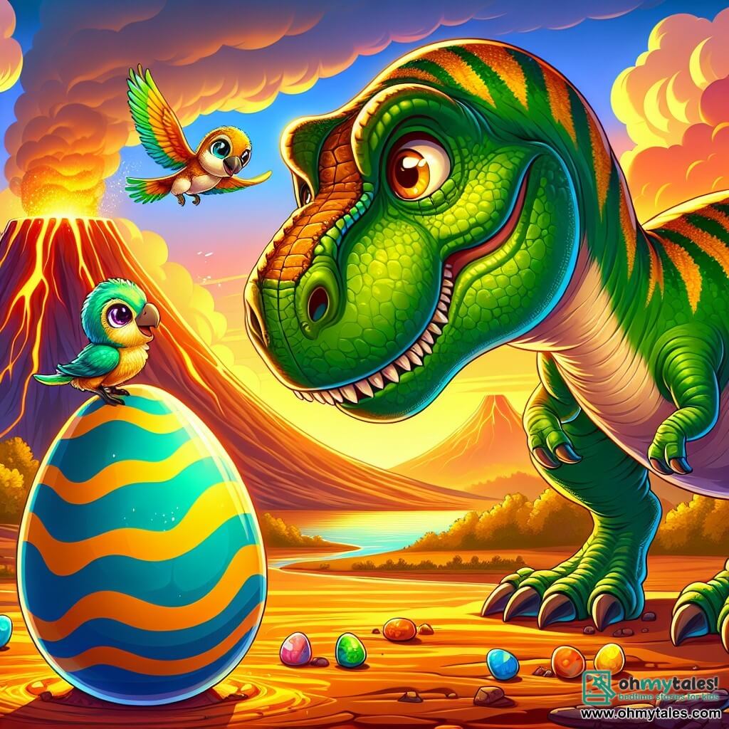 A green and yellow-scaled Tyrannosaurus Rex with large bright eyes and a friendly smile stands on hot volcanic ground, curiously watching a giant blue and gold striped egg gently swaying. Next to him, a small colorful-feathered Microraptor with sparkling eyes joyfully flies, excitedly observing the egg. In the background, a green-skinned mother sauropod with long eyelashes watches over her baby sauropod, which has just hatched, while smoking volcanoes majestically rise under an orange and golden sky. The scene conveys a sense of wonder and adventure as the Tyrannosaurus and his friends explore the miracle of life in the valley of dinosaurs.