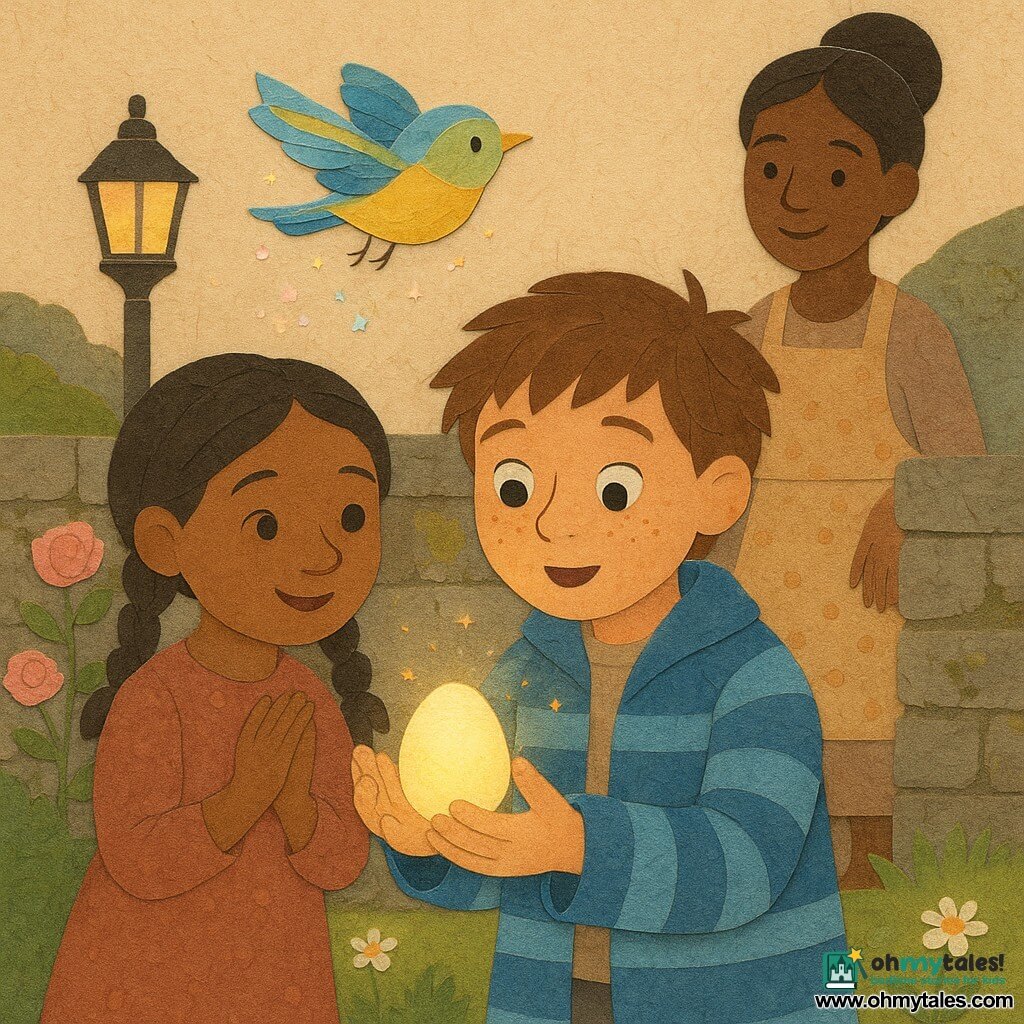 A 10-year-old boy with a round, freckled face and messy chestnut hair looks amazed—wide shining eyes and slightly open mouth—wearing a blue-and-white striped coat with sleeves a bit too long, carefully holding a small ivory-yellow glowing egg; his roughly 8-year-old sister with brown braids stands to his right, leaning toward the egg with joined hands and a curious smile; their mother (about 35) with a bun and polka-dot apron smiles attentively from near the door in the background. A tiny lemon-sized bird named Hope, with ribbon-like feathers painted blue, yellow, and green, hovers above the egg leaving pastel sparks. The setting is a village garden at dusk with a mossy gray stone wall, pink roses, green grass dotted with daisies, and a wrought-iron lantern casting warm light. The main action shows the boy pulling the glowing egg from his coat pocket as the light illuminates faces and the bird begins to emerge; the mood is soft, magical, and intimate, rendered in torn-paper collage style with cut edges, textured paper grain, simple vellum shadows, a warm pastel palette (pale yellow, salmon pink, tender green) contrasted by the blue coat and golden accents, composition centered on the hands and egg to emphasize wonder.