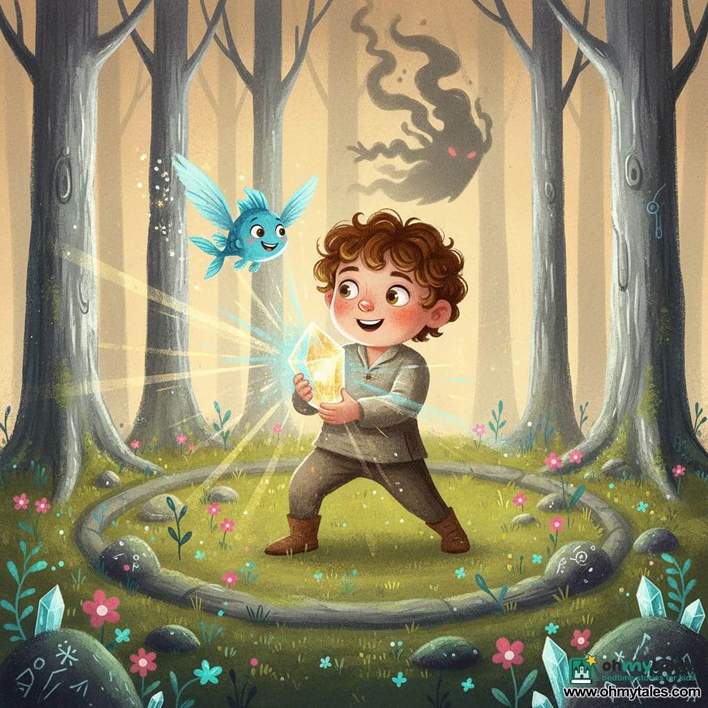 A 6-year-old boy with a round face, curly chestnut hair and bright hazel eyes, wearing simple dusty clothes and knees slightly bent as if he just ran, stands center holding a glowing Crystal of Light that radiates blue and gold; a small winged fish called Fizzle, electric blue with translucent fins and paper-thin wings, flies at his shoulder emitting sparks with a joyful, protective expression; in the background a smoky silhouette of the Shadow King with muted red eyes retreats into shadow, threatened and dispersed by the crystal’s beams. The scene is the Glimmering Glade, a circular clearing of tall silver-trunked trees, mossy ground with pink and turquoise luminescent flowers and rocks embedded with crystals. The crystal explodes into colored beams that repel shadows; the atmosphere is warm and vibrant with a science-fantasy touch—small floating mechanicals and runes on the stones. Style: gouache with visible brushstrokes, saturated yet soft colors, grainy textures, diffuse light and strong contrasts to evoke wonder.