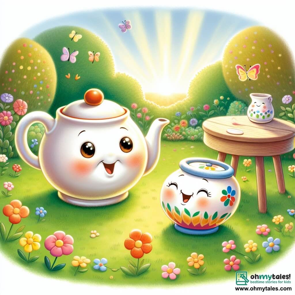 In a sunny garden, a small porcelain teapot named Tilly, with a round, shiny body and a delicately curved spout, joyfully stands on a green lawn, singing enthusiastically. Her eyes sparkle with curiosity and happiness. Beside her, an old ceramic cup named Mr. Whiskers, with cracks that tell stories, sits on a small wooden table, smiling kindly. He looks at Tilly with pride, his eyes shining with wisdom. Nearby, a cheerful sugar bowl named Sally, round and colorful, with a lid that seems to dance, is on the same table, bursting with laughter and adding a touch of sweetness to the atmosphere. The garden is filled with vibrant flowers, with butterflies fluttering around, and a gentle ray of sunshine illuminates the scene, creating a warm and welcoming ambiance. Tilly, in search of wisdom, listens attentively to the advice of Mr. Whiskers and Sally as they share secrets about friendship and happiness, surrounded by the beauty of nature.