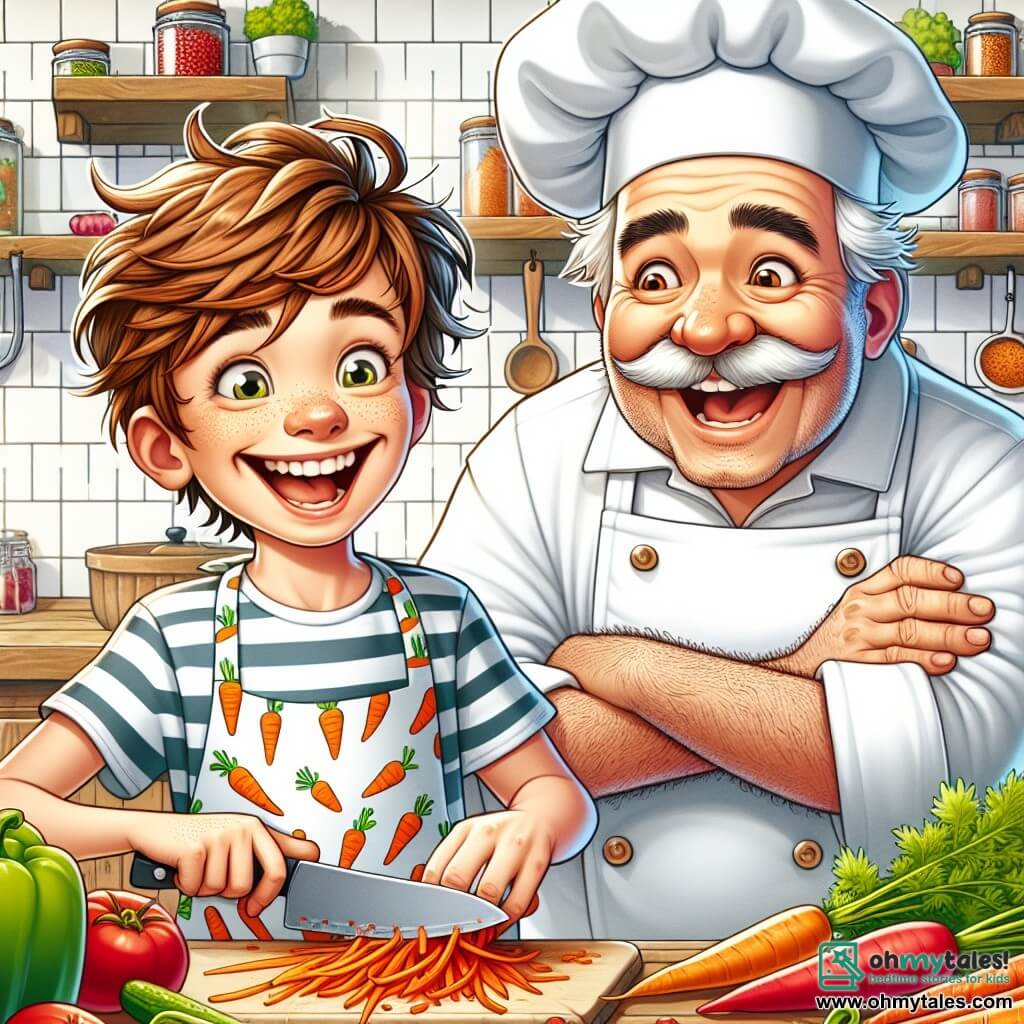 A young boy named Tommy, about 10 years old, with messy brown hair and a big smile radiating excitement, stands in front of a large kitchen table. He wears a carrot-patterned apron and holds a chef's knife, focused and determined, ready to chop colorful vegetables. Next to him, Chef Gustave, a jovial man around 50, with a tall white hat and a thick mustache, watches with a benevolent smile, arms crossed, encouraging Tommy with a proud look. The spacious, bright kitchen has white tiled walls and shelves filled with colorful spice jars. A large wooden countertop is covered with fresh vegetables, herbs, and sparkling kitchen utensils. The scene shows Tommy preparing a dish, surrounded by a joyful and lively atmosphere, with the aromas of cooking in the air and the sound of ingredients sizzling in the pan.