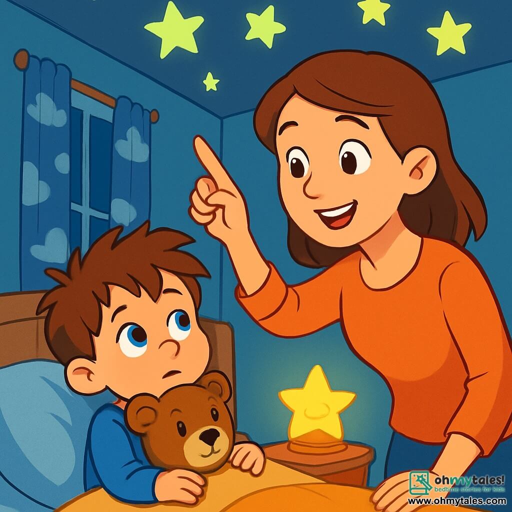 A 4-year-old boy with messy brown hair and big blue eyes is lying in his bed. He looks both curious and a bit worried, tightly holding his teddy bear, Mr. Snuggles, a brown bear with a friendly smile. His mother, a gentle woman in her 30s with brown hair and warm eyes, stands beside him, smiling and reassuring, pointing out the bright stars stuck to the ceiling. The room is small and cozy, with sky-blue walls and curtains featuring white cloud patterns. A fluffy rug is on the floor, and a star-shaped lamp softly illuminates the room. The main scene shows the boy lying in bed, captivated by the stars shining in the dark, while his mother tenderly talks to him, creating a magical and comforting atmosphere.