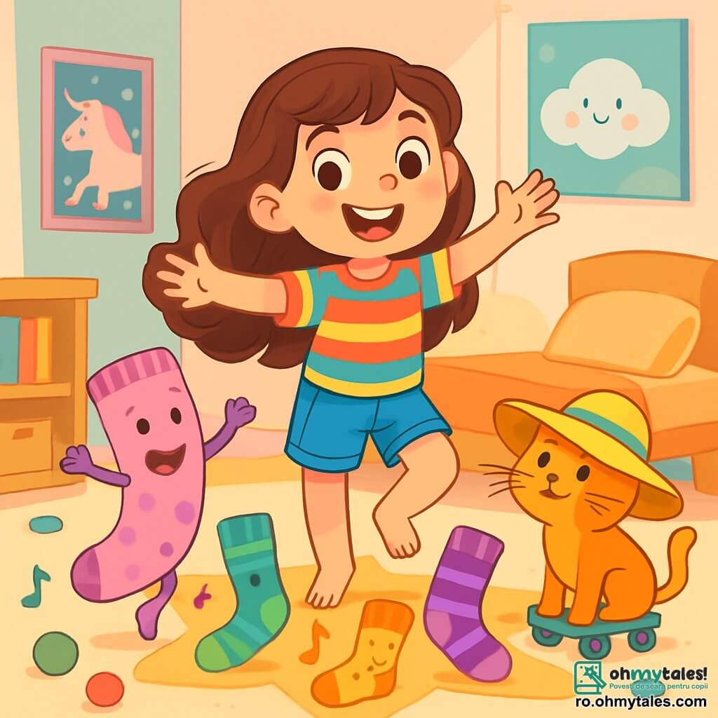 O fetiță de 8 ani, Miruna, cu părul lung, ondulat și ochi strălucitori de curiozitate, dansează vesel în mijlocul camerei sale, înconjurată de ciorapi colorați. Ea poartă un tricou cu dungi multicolore și o pereche de șorturi din blugi, având un zâmbet încântat pe față. Lângă ea, un ciorap roz cu buline violet, cu brațe tricotate, face piruete, în timp ce o pisică portocalie, de aproximativ 2 ani, cu o pălărie mare de soare și rotițe, observă scena cu un aer jucăuș. Camera este decorată cu pereți pastel, afișe cu unicorni și nori, un covor pufoș în formă de stea și jucării împrăștiate pe podea. În această scenă amuzantă, Miruna este înconjurată de ciorapi dansanți care cântă, în timp ce pisica o încurajează să devină liderul paradei Ciorapilor Săltăreți, creând o atmosferă veselă și absurdă.