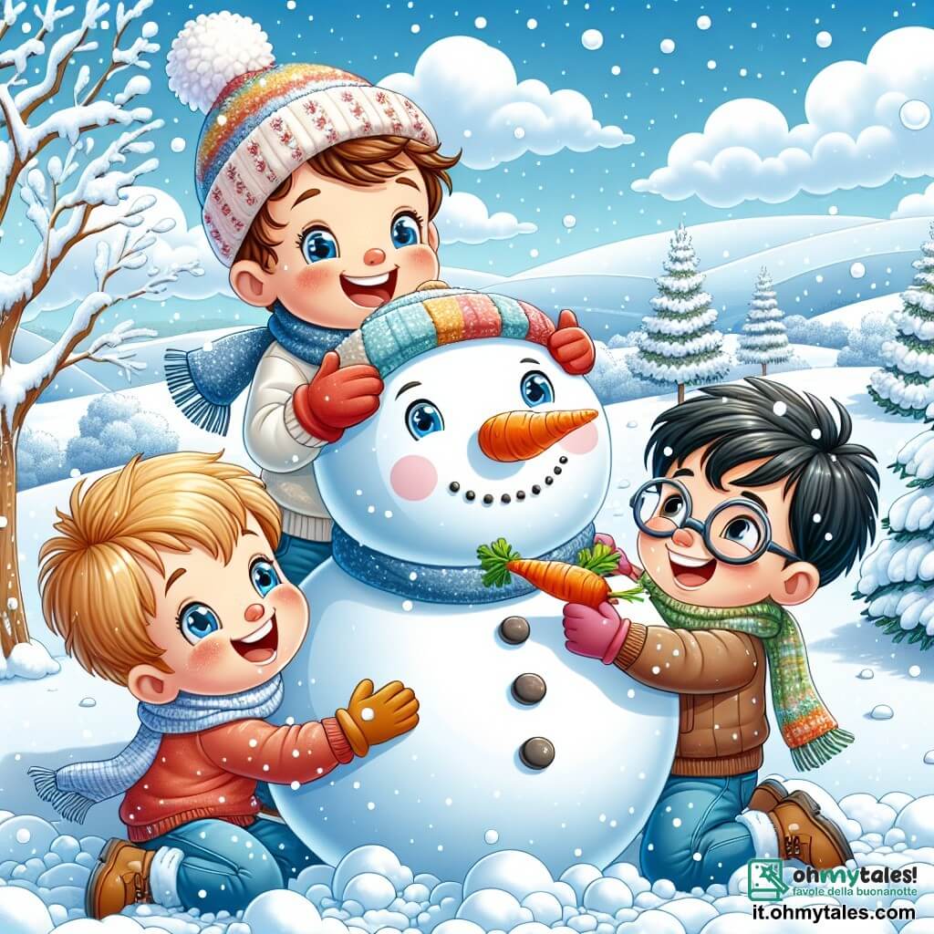 Tre ragazzi felici stanno costruendo un grande pupazzo di neve in un giardino innevato. Marco, un bambino di 6 anni con capelli castani e occhi brillanti, sorride mentre tiene una grossa palla di neve. Accanto a lui, Luca, un altro bambino di 5 anni con capelli biondi e guance rosate per il freddo, mette una carota come naso sul pupazzo di neve. Infine, Tommi, un ragazzo di 6 anni con capelli neri e occhiali, ride mentre aggiunge un cappello colorato sulla testa del pupazzo. Il giardino è coperto da uno spesso strato di neve scintillante, con alberi le cui branche sono cariche di fiocchi. Il cielo è di un blu brillante, punteggiato di nuvole bianche e soffici. I tre amici stanno ridendo e divertendosi mentre creano insieme il loro capolavoro invernale.