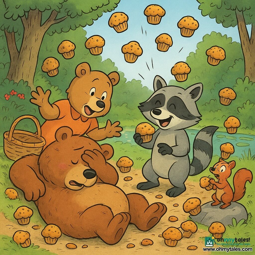Benny, a large round plush brown bear, lies on his back among sticky muffins, cheeks flushed and one paw covering his eyes; Lenny the raccoon, small with black-and-gray stripes, stands beside him grinning and chewing a muffin, his tail fluffed; Aunt Bertha, an older light-furred bear with an overturned basket, leans over them with hands open and a surprised smile as muffins fall around her; Squeaky the tiny lively squirrel clumsily juggles three muffins on his head from a nearby stone; a dirt path by a sparkling pond, flowering bushes, textured trees and a soft blue sky form the background; the main gag is a banana-peel trap that failed and instead showered golden sticky muffins, creating a joyful, slightly chaotic scene of scattered muffins, comic expressions, warm colors and appetizing textures.
