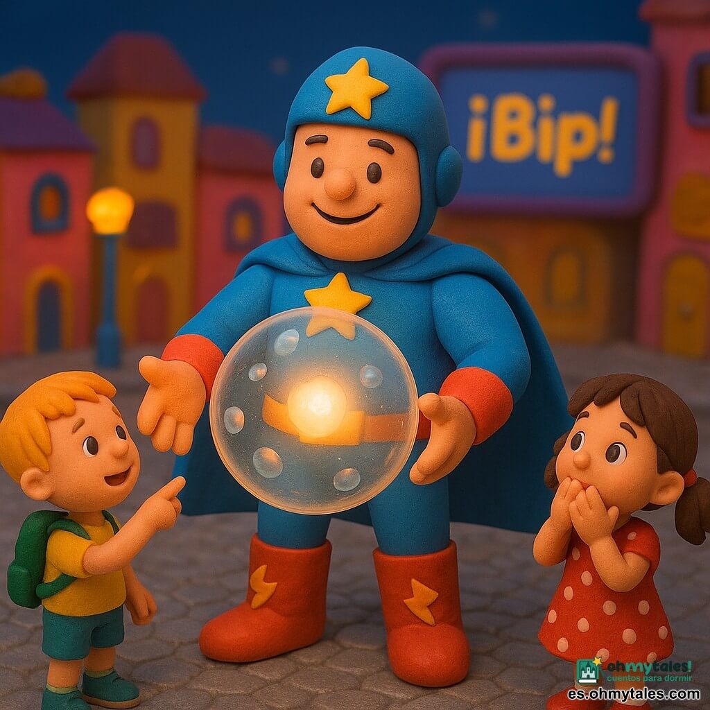 Un hombre, el héroe Capitán Chispa, sonriente y seguro, de hombros anchos, capa azul brillante, casco con estrella dorada y botas que hacen “zum”, mantiene las manos abiertas mientras una luz suave y redonda, un escudo de burbujas translúcidas, emerge de sus palmas; una niña de unos 5 años, cabello castaño en coletas, vestido rojo con lunares blancos, mira asombrada con las manos en la boca; a su lado, un niño de unos 7 años, pelo rubio corto y mochila verde, señala hacia una gran pantalla que muestra “¡Bip! ¡Bip!”; la escena transcurre en Ciudad Brillobota: calles empedradas plateadas, casas metálicas pintadas de rosa y amarillo y farolas en forma de juguetes; el héroe calma a la multitud formando un gran escudo protector de burbujas en la plaza, con ambiente cálido, colores vivos y texturas suaves como plastilina y una iluminación suave y sonriente.