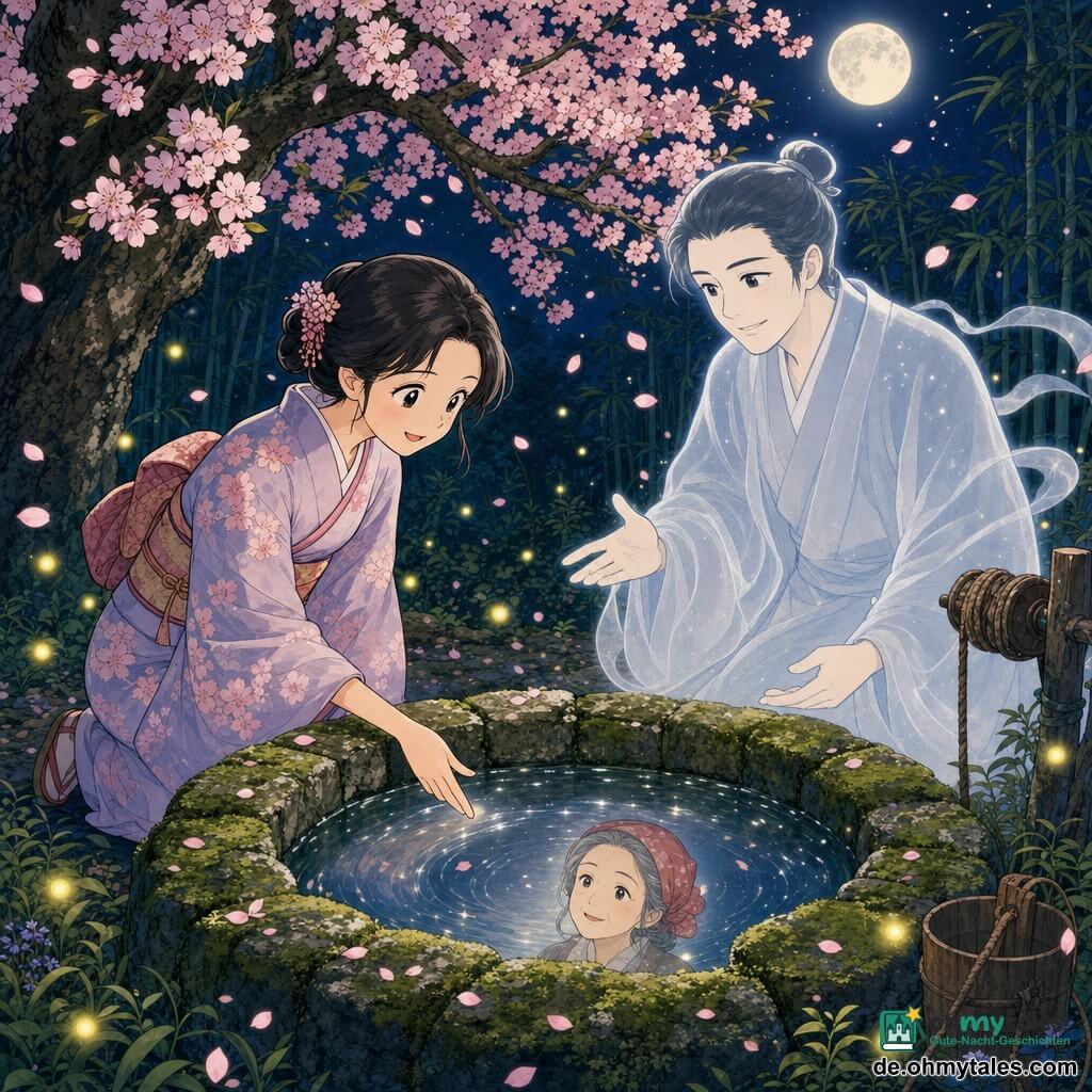 Akiko (etwa 30) kniet neben einem moosbedeckten alten Steinebrunnen, lächelt sanft und trägt ein pastellfarbenes Kimono mit Kirschblütenmuster, ihre Hand reicht zur Wasseroberfläche; neben dem Brunnen schwebt der geisterhafte Mann Yuki in einem durchscheinenden weißen Gewand, wohlwollend und führend; im Wasser spiegelt sich eine ältere Ahnin mit rotem Kopftuch, ruhig lächelnd, als spreche sie still; die Nachtaufnahme unter einem blühenden Kirschbaum zeigt tiefe Äste voller rosa Blüten und fallender Blütenblätter, eine helle runde Mondscheibe und dunkle Bambushaine im Hintergrund; die Stimmung ist friedlich und magisch, das Brunnenwasser reflektiert silberne Lichter, kleine gelbe Glühwürmchen tanzen, dezente Texturen von Stein und Moos; Farbpalette zart (blassrosa, Nachtblau, tiefgrün, silber) und ein grafischer Stil mit klaren Linien, einfachen runden Formen, warmen, kindgerechten Zügen und gut lesbaren, ausdrucksstarken Gesichtern.