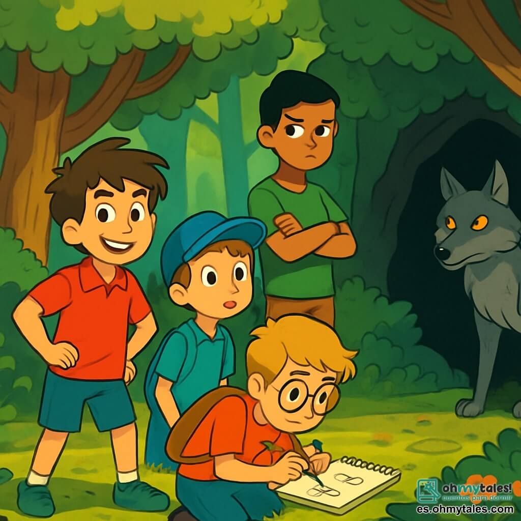 Hay 4 niños: - Tomás: un niño de 10 años, con cabello castaño desordenado y una sonrisa brillante. Lleva una camisa roja y un short azul, y se coloca al frente, mostrando su valentía. - Lucas: un niño de 9 años, con gafas redondas y cabello rubio. Está inclinado, dibujando en un cuaderno, con una expresión concentrada. - Martín: un niño de 11 años, alto y atlético, con cabello negro y una camiseta verde. Está listo para avanzar, con los brazos cruzados, mostrando una actitud decidida. - Julián: un niño de 8 años, con cabello castaño y una gorra azul. Mira con curiosidad, de pie junto a Tomás, con los ojos abiertos de asombro. El lugar se desarrolla en un bosque encantado, con grandes árboles de troncos gruesos, cuyas hojas forman un denso techo verde. Rayos de sol atraviesan el follaje, iluminando el suelo cubierto de musgo y hojas muertas. A lo lejos, se perfila una cueva oscura, rodeada de arbustos densos y flores coloridas. La situación principal muestra a los niños descubriendo al gran lobo malo, un animal majestuoso con pelaje gris y ojos brillantes, que se encuentra en la sombra de la cueva. Los niños, aunque nerviosos, muestran una expresión de determinación y curiosidad, listos para comprender la verdadera naturaleza del lobo.