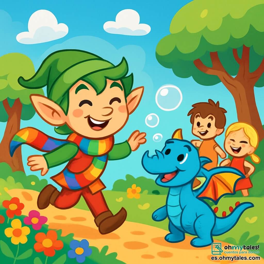Un elfo alegre, con orejas puntiagudas y cabello verde brillante, lleva una larga bufanda colorida que arrastra detrás de él. Sus ojos chispeantes de malicia muestran su emoción mientras baila sobre un camino de flores multicolores. A su lado, un pequeño dragón azul con alas de arcoíris, con una gran sonrisa y ojos brillantes, se divierte haciendo burbujas de jabón con su nariz. Al fondo, un grupo de niños humanos, un niño de 8 años con cabello castaño despeinado y una niña de 7 años con trenzas rubias, observan asombrados la escena. El niño señala al dragón, mientras la niña ríe a carcajadas, con las manos en las caderas. La escena tiene lugar en el Bosque de los Colores Locos, un lugar mágico donde los árboles bailan y las flores ríen, bajo un cielo azul salpicado de nubes con forma de sombreros divertidos. El pequeño elfo y el dragón se divierten jugando juntos, rodeados de risas y colores brillantes, mientras los niños humanos los observan, fascinados por este encuentro alegre.