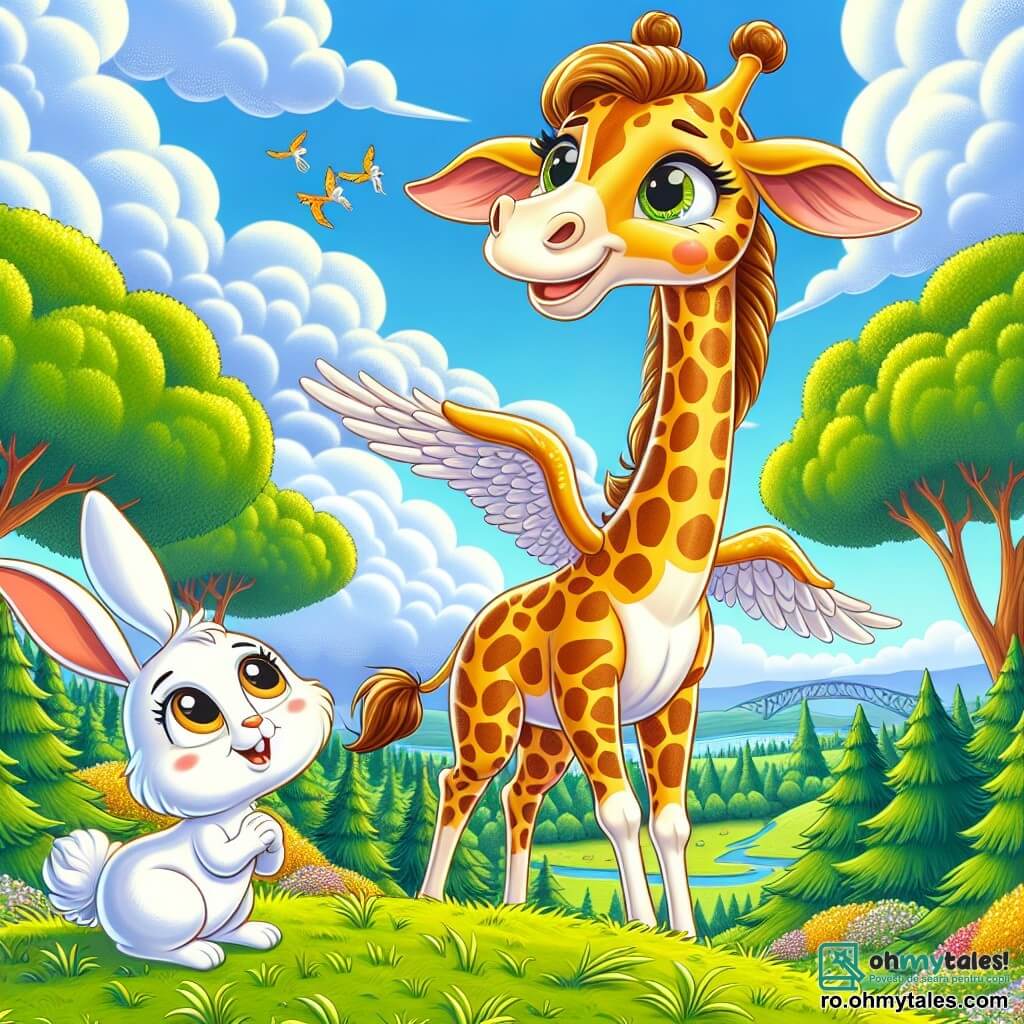 O girafă numită Gigi, cu un gât lung și elegant și pete galbene și maro care strălucesc la soare, stă pe vârful unei coline verzi, cu ochii mari de bucurie și uimire, pregătindu-se să zboare. Lângă ea, un iepuraș alb numit Ionuț, cu urechi mari și blană pufoasă, o privește pe Gigi cu un zâmbet încurajator, așezat pe iarba verde, cu labele din față încrucișate. În fundal, o pădure luxuriantă se întinde la orizont, cu copaci majestuoși și flori colorate care dansează în vânt. Scena surprinde momentul magic în care Gigi, plină de entuziasm, se pregătește să-și îndeplinească visul de a zbura deasupra pădurii, înconjurată de frumusețea naturii.