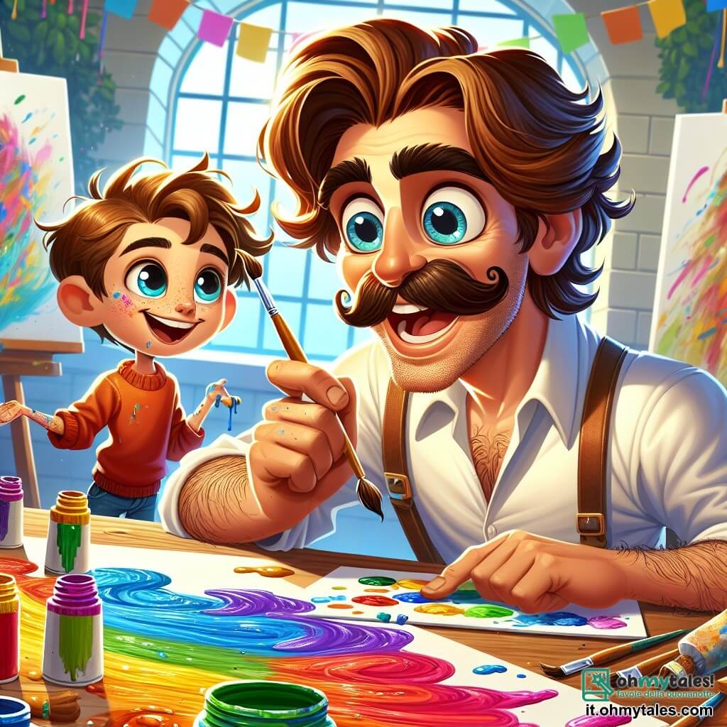 Un uomo, Lorenzo, con capelli castani disordinati e baffi arricciati, sorride gioiosamente mentre tiene un pennello pieno di vernice vivace. Il suo viso è illuminato dall'eccitazione e dalla passione, i suoi occhi brillano di creatività. Accanto a lui, un ragazzo di dodici anni, Matteo, con capelli castani e occhi curiosi, osserva attentamente, le mani coperte di macchie di vernice, pronto a imparare. Si trovano in uno studio d'arte luminoso, pieno di tele bianche, barattoli di vernice colorata e pennelli sparsi su un grande tavolo di legno. La luce del sole filtra attraverso una grande finestra, illuminando i colori vivaci che circondano i due personaggi. Lorenzo mostra a Matteo come scegliere i colori per un grande muro, mentre schizzi di vernice colorata volano nell'aria, creando un'atmosfera gioiosa e creativa.