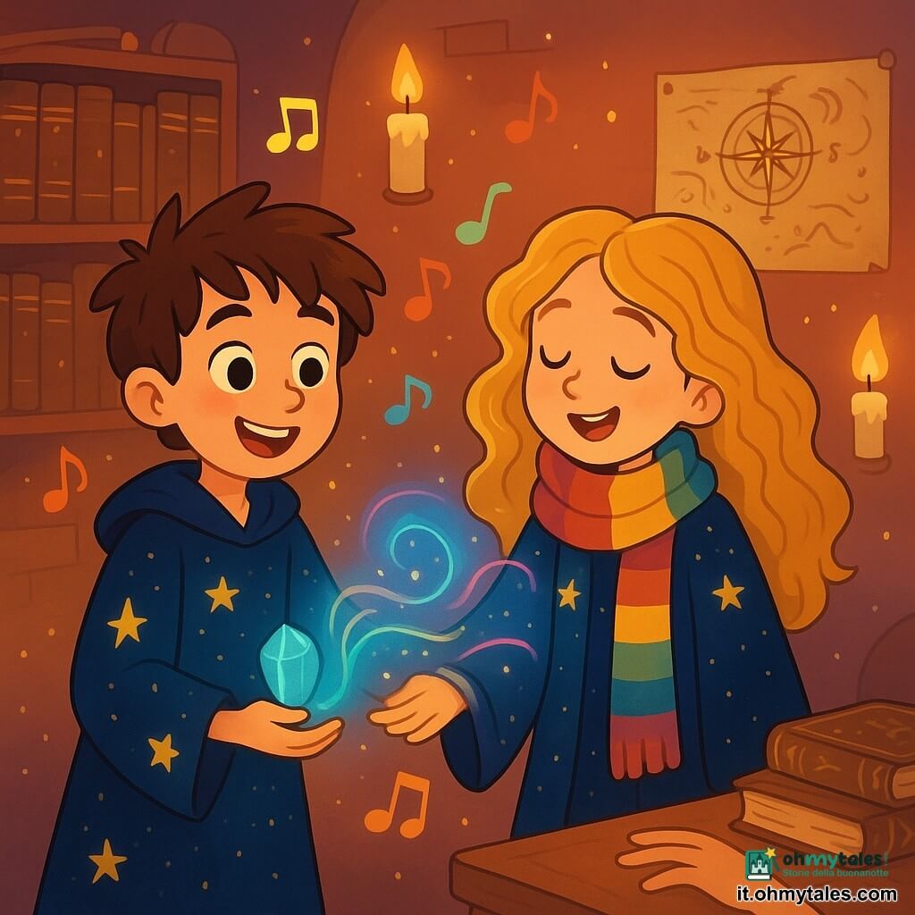 Un giovane mago di nome Milo, di circa 10 anni, si trova al centro della scena. Ha capelli castani disordinati, occhi pieni di curiosità e un sorriso radioso. Indossa una veste da mago blu notte decorata con stelle scintillanti e tiene in mano una pietra azzurra che brilla. Accanto a lui c'è Lila, una cantante di incantesimi di circa 12 anni, con lunghi capelli ondulati come onde dorate, che indossa un mantello di velluto stellato e una sciarpa colorata che cambia tonalità. Lei canta dolcemente, con gli occhi brillanti di emozione. L'ambiente è una sala magica dell'Accademia delle Brezze, piena di libri antichi con copertine dorate, mappe dei venti appese alle pareti e candele fluttuanti che illuminano la stanza con una luce calda. Note musicali colorate fluttuano nell'aria, creando un'atmosfera incantata. La scena principale mostra Milo e Lila mentre creano un ponte di energia magica tra le loro mani, mentre una dolce melodia risuona attorno a loro. Luci scintillanti danzano nell'aria, simboleggiando i flussi di energia che si connettono, mentre una mano timida appare lentamente, cercando di unirsi a loro.