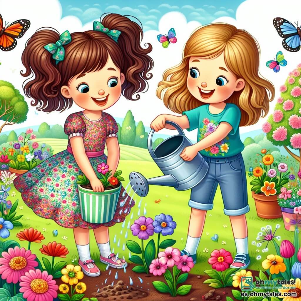Una niña de 10 años llamada Alicia está en el centro de un jardín en flor, sonriendo con alegría. Tiene el cabello castaño ondulado, recogido en dos coletas, y lleva un vestido colorido con estampados florales. Alicia planta flores multicolores en la tierra, con las manos llenas de tierra, mostrando su entusiasmo por la primavera. Junto a ella, su mejor amiga Clara, también de 10 años, tiene el cabello rubio y viste una camiseta azul y un short de mezclilla. Clara sostiene una regadera y riega las flores recién plantadas, riendo mientras mira a Alicia. El jardín es un verdadero cuadro primaveral, con flores brillantes, árboles en flor y un cielo azul con nubes blancas. Mariposas de colores vuelan a su alrededor, añadiendo un toque de magia a la escena. Alicia y Clara, unidas por su amor a la naturaleza, preparan el jardín para una gran fiesta de primavera, llenas de energía y felicidad, listas para recibir a sus amigos para una aventura inolvidable.